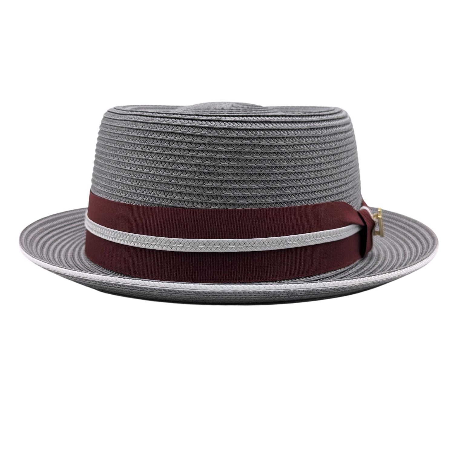 Grey pork pie hat front view showing burgundy grosgrain band and white trim detail