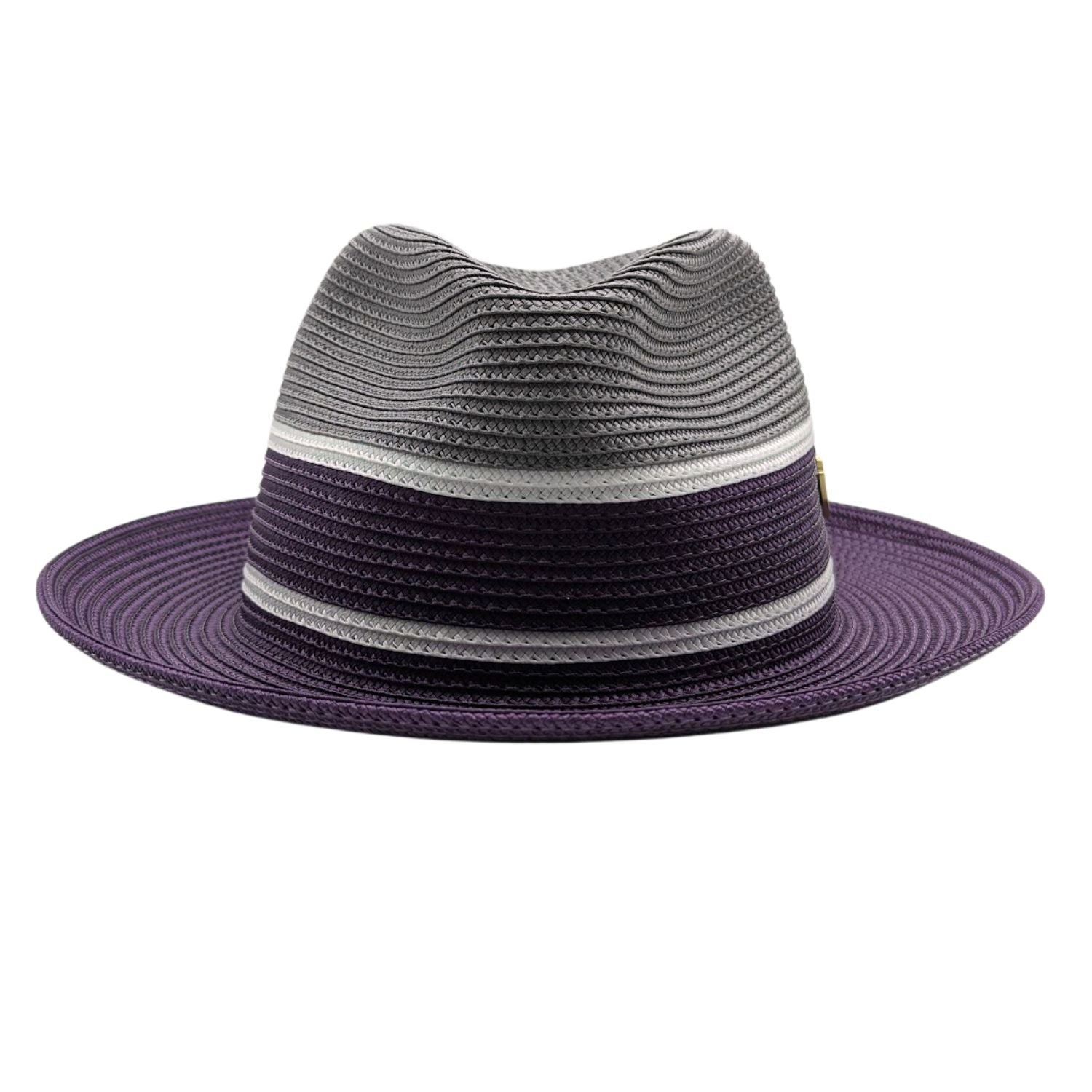 Montique purple and gray straw fedora hat back view with striped band and purple brim