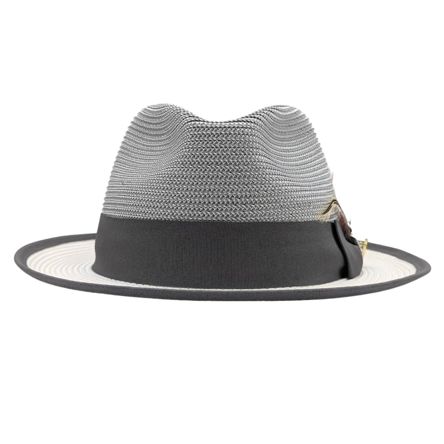 Montique grey and white straw fedora hat front view with feather and bow band