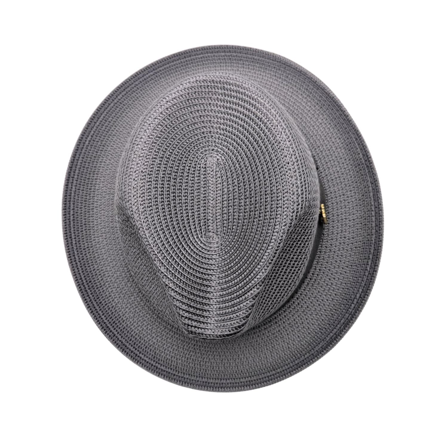 grey Montique fedora hat top view with wide brim, pinch crown, woven texture, and side logo pin