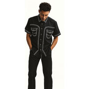 Embroidered Fabric Design in Black Short Sleeve Walking Suit