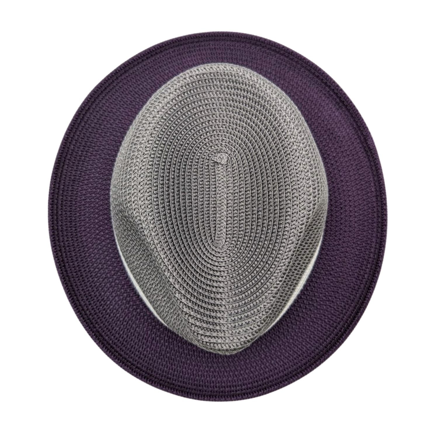 Montique purple and gray straw fedora hat top view with gray crown and purple brim