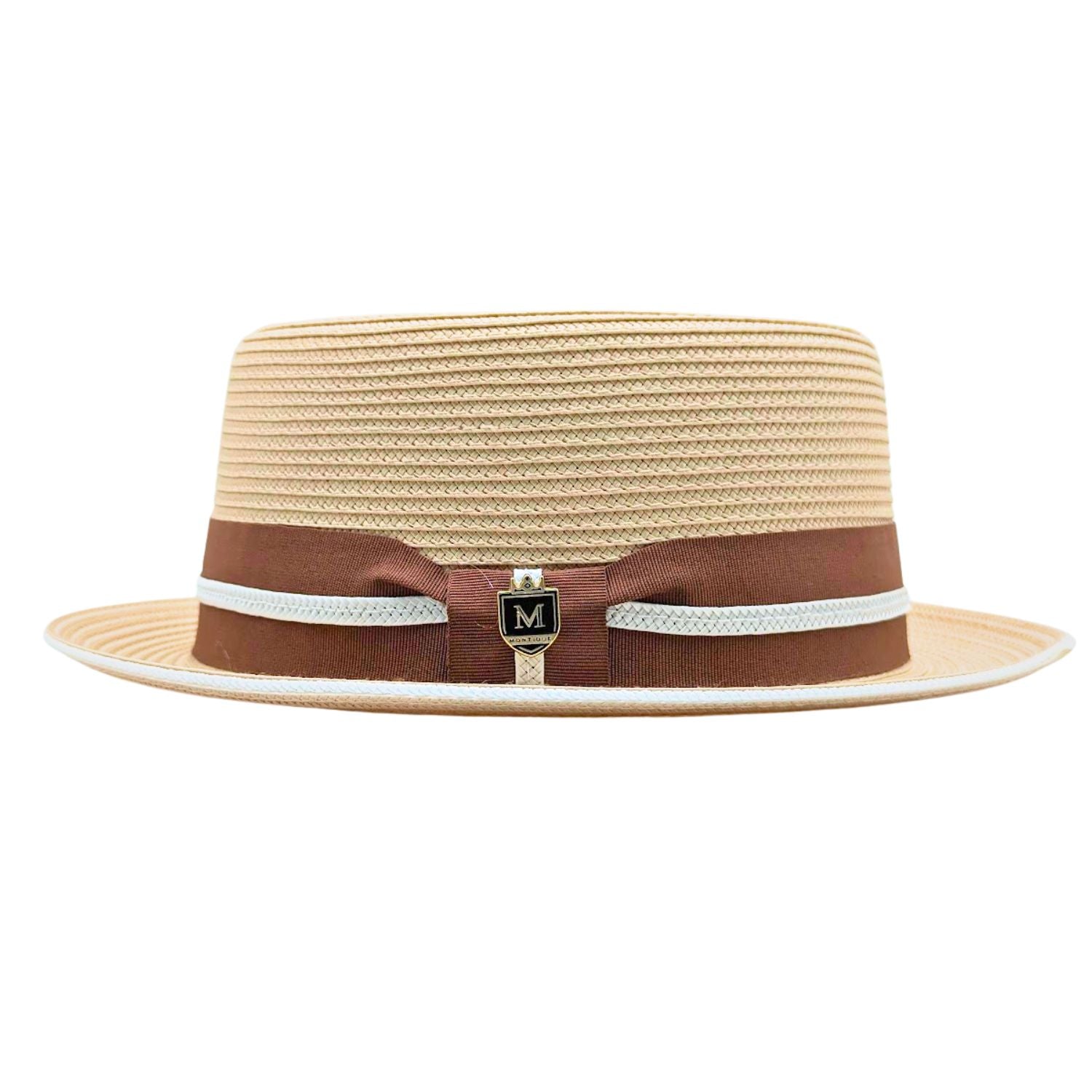 Beige Montique pork pie straw hat side view with brown band, white trim, flat crown, and short brim