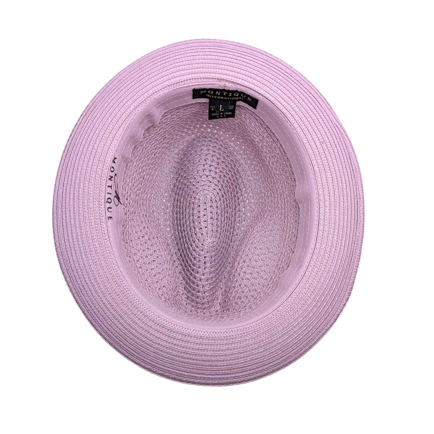 Lavender Montique fedora hat interior view with medium brim, open weave crown, sweatband, and branded label