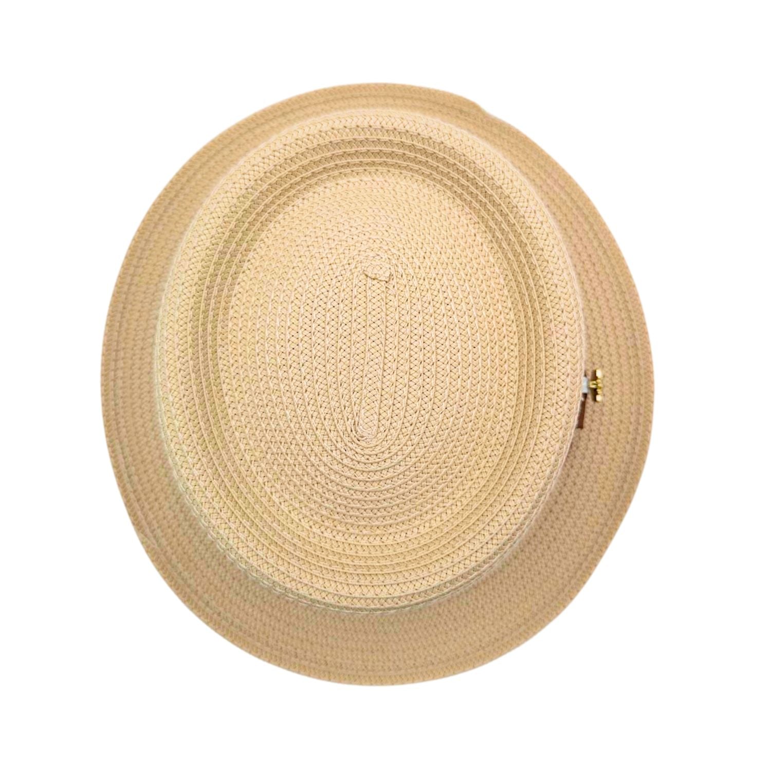 Beige Montique pork pie straw hat top view showing flat crown, woven straw construction, and short brim