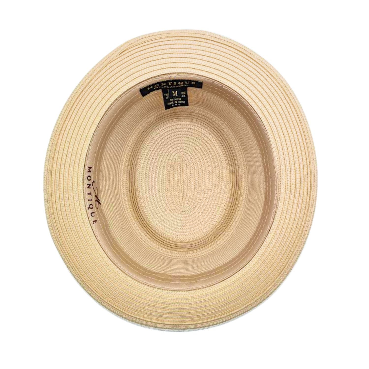 Beige Montique pork pie straw hat interior view showing woven straw texture, short brim, and inside label