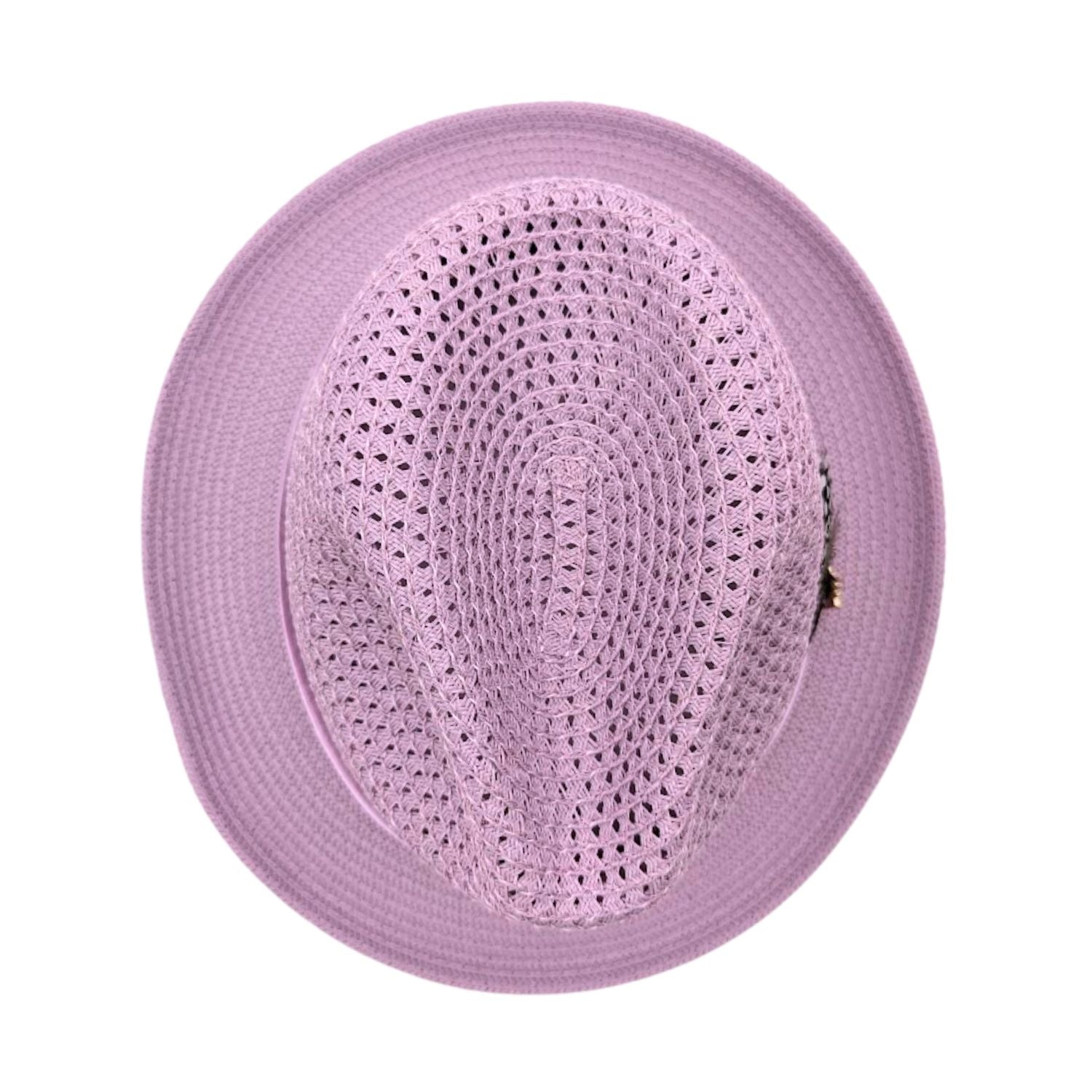 Lavender Montique fedora hat top view with brim, open weave crown, and side feather detail