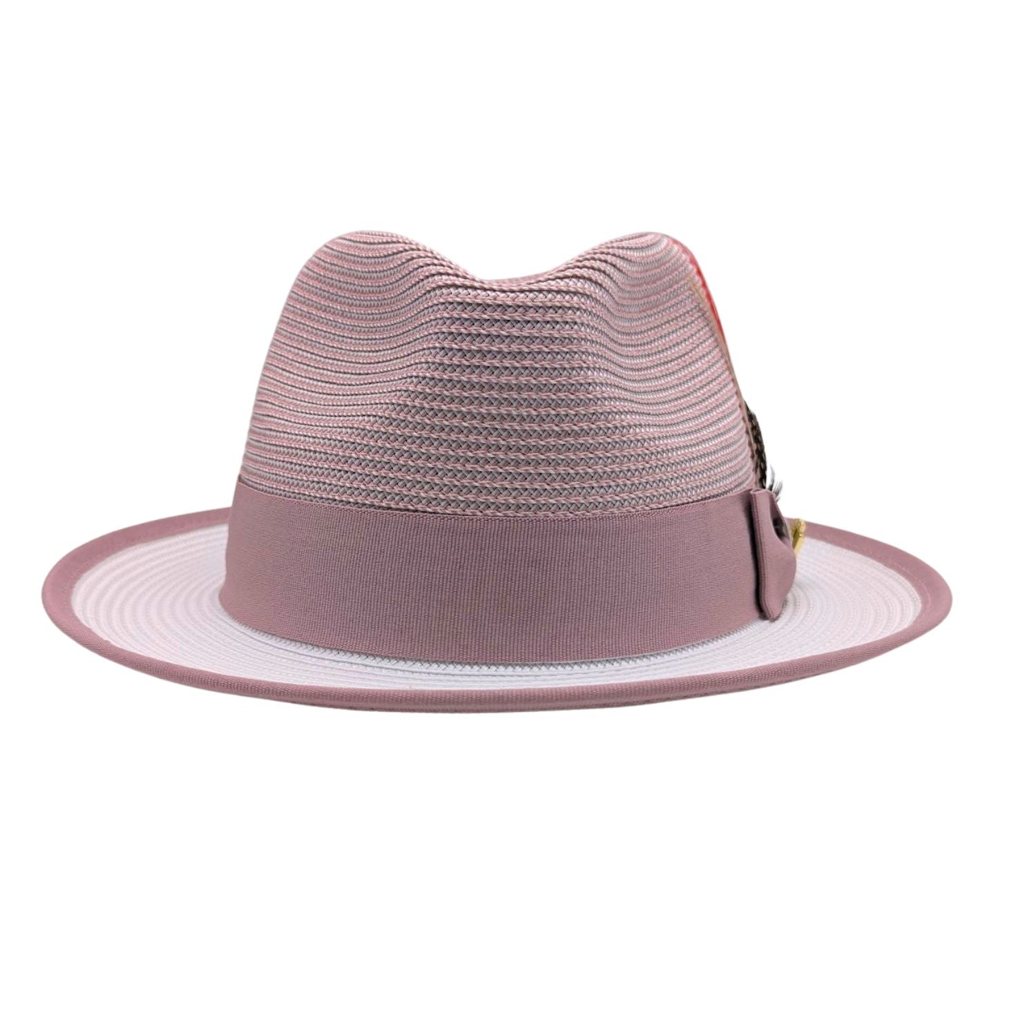 Blush and white Montique fedora hat front view with blush woven crown, open weave side panel, blush band, and white brim