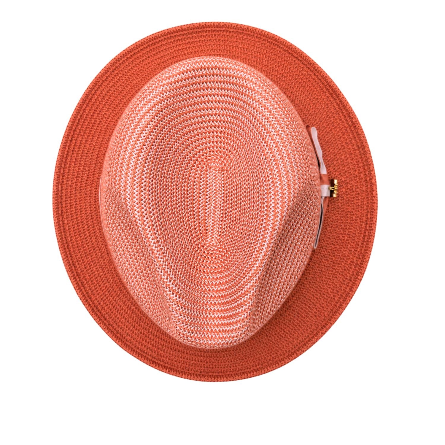 Salmon Montique fedora hat top view with wide brim, two-tone woven crown, and side bow detail