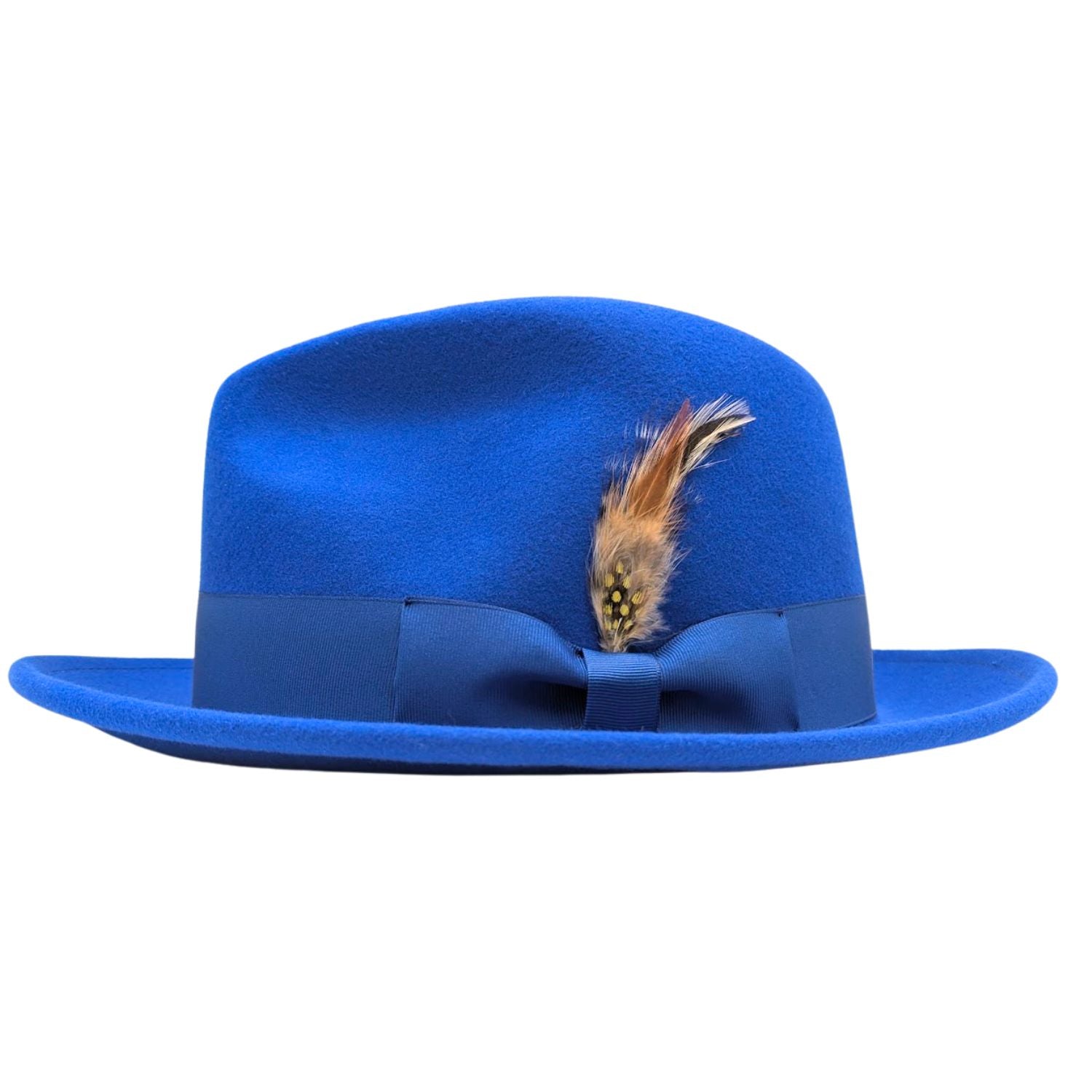 Royal blue Montique wool felt fedora hat side view with matching ribbon band, bow, feather detail, and wide brim