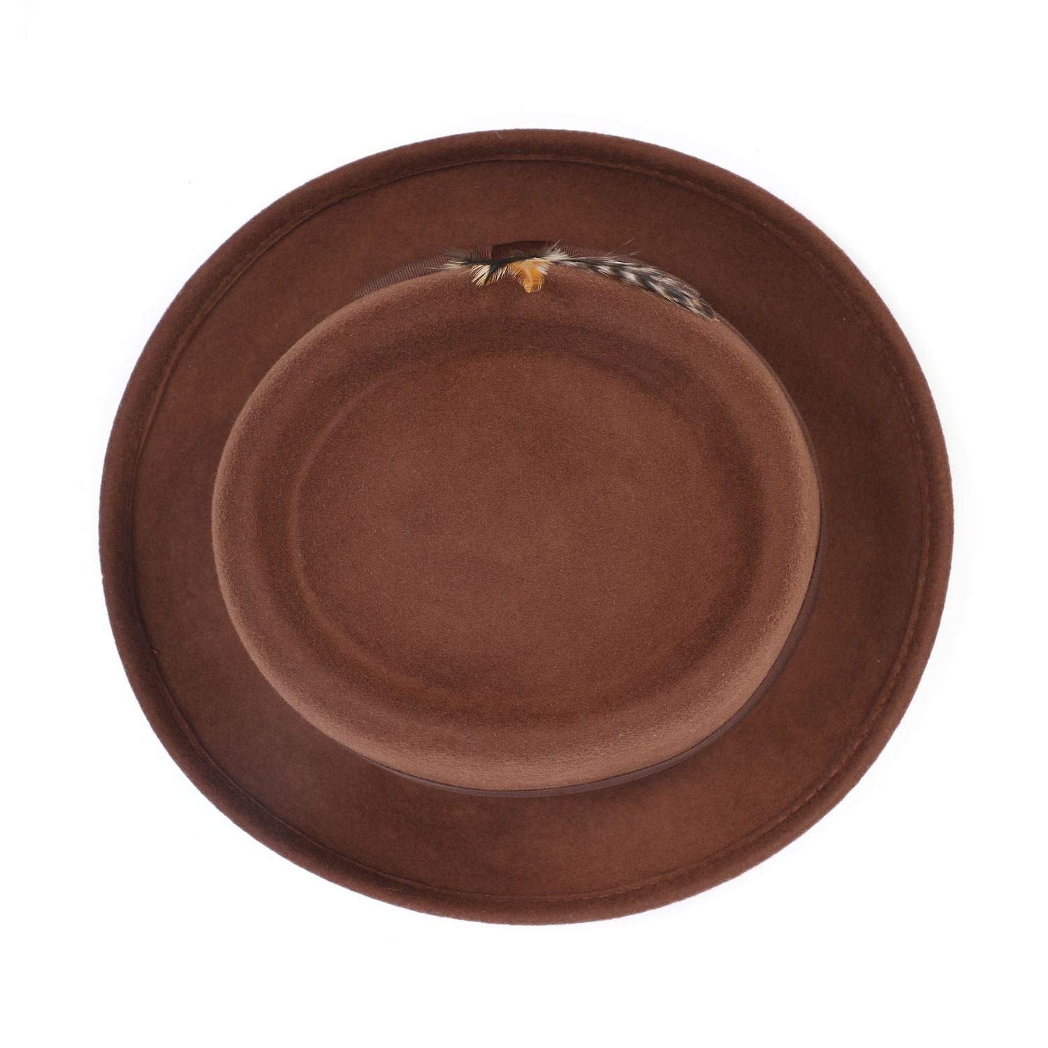 front view brown pork pie hat showing crown