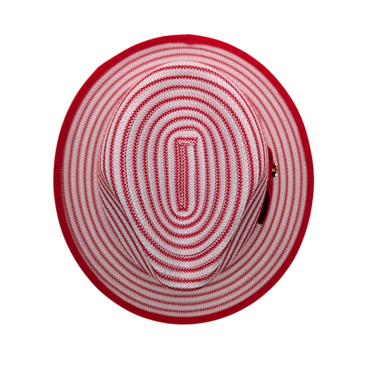 Red and white fedora hat top view showing striped woven crown, red brim trim, and side pin detail