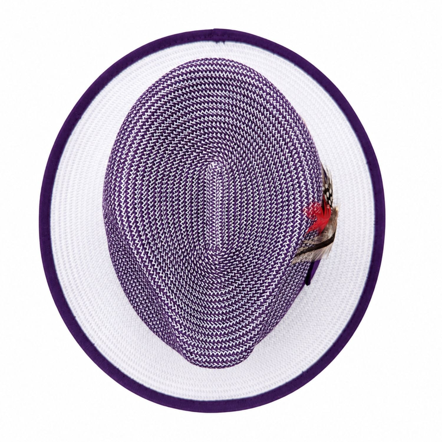 Montique purple and white summer fedora hat top view with white brim and purple crown