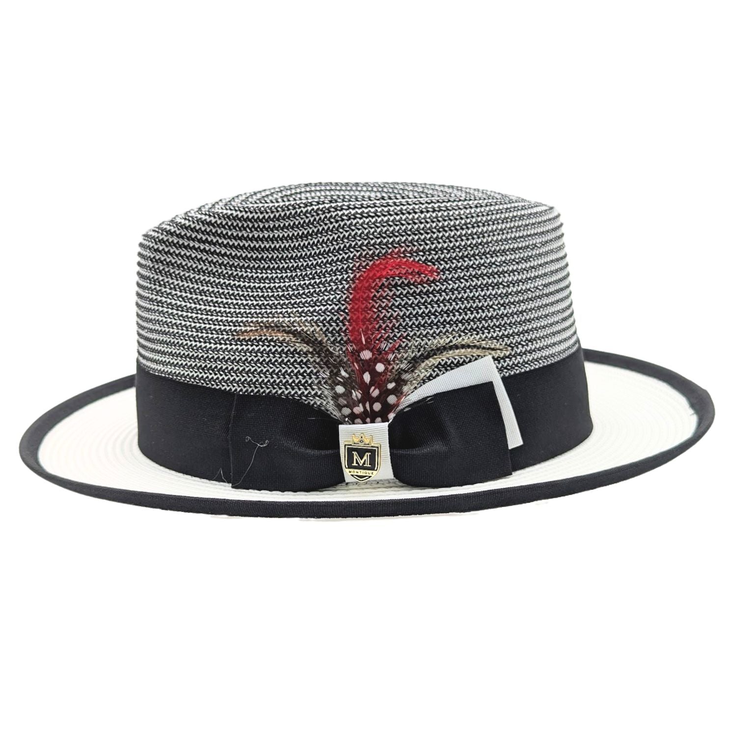 black and white straw fedora hat side view with feather accent and logo pin