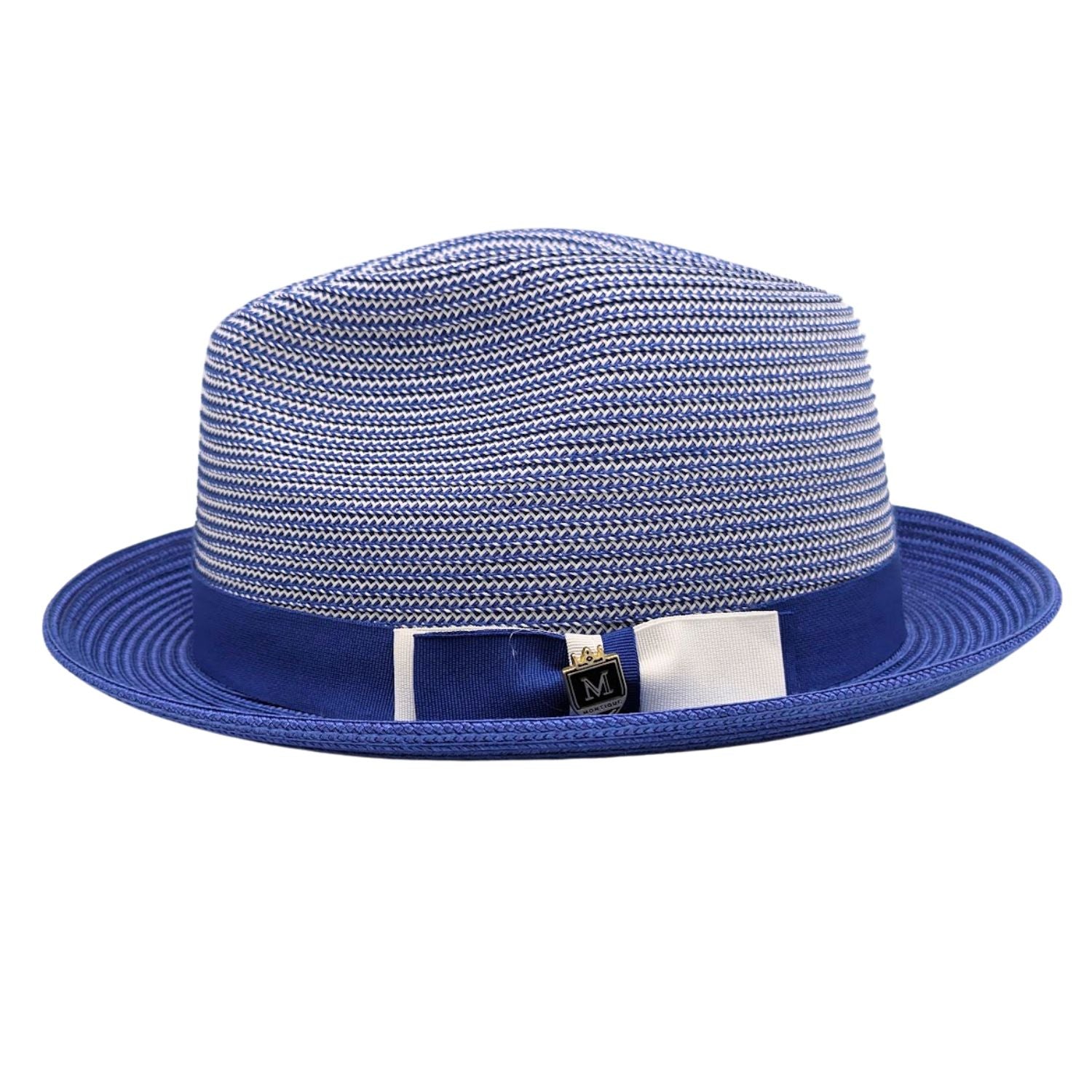 Royal blue Montique fedora hat side view with blue and white woven crown, matching blue band, and solid blue brim