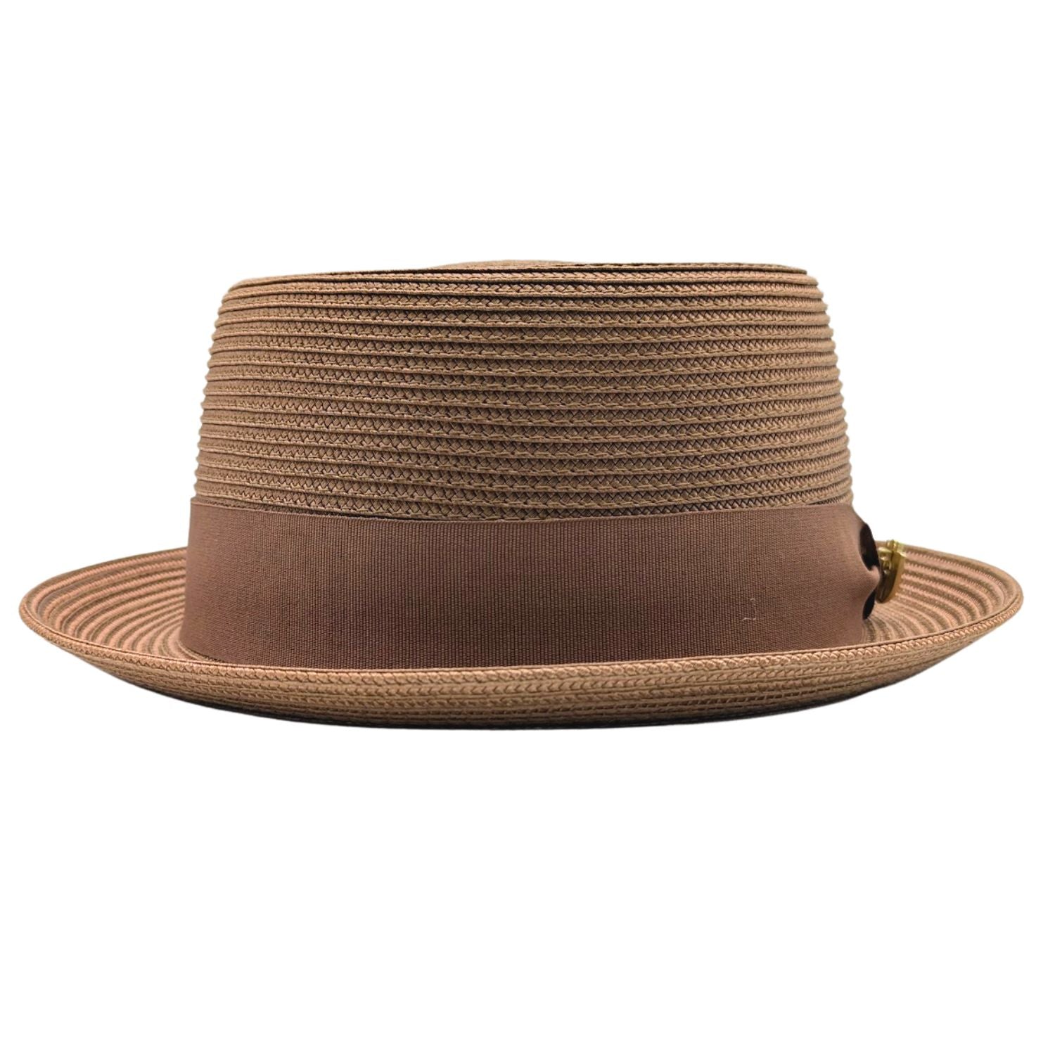 Montique cappuccino straw pork pie hat back view with matching ribbon band