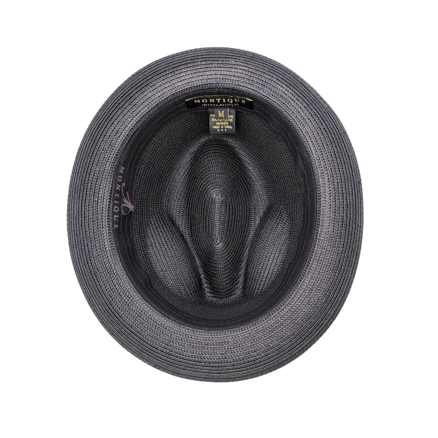 Black fedora hat interior view with woven straw texture, black sweatband, and branded size label