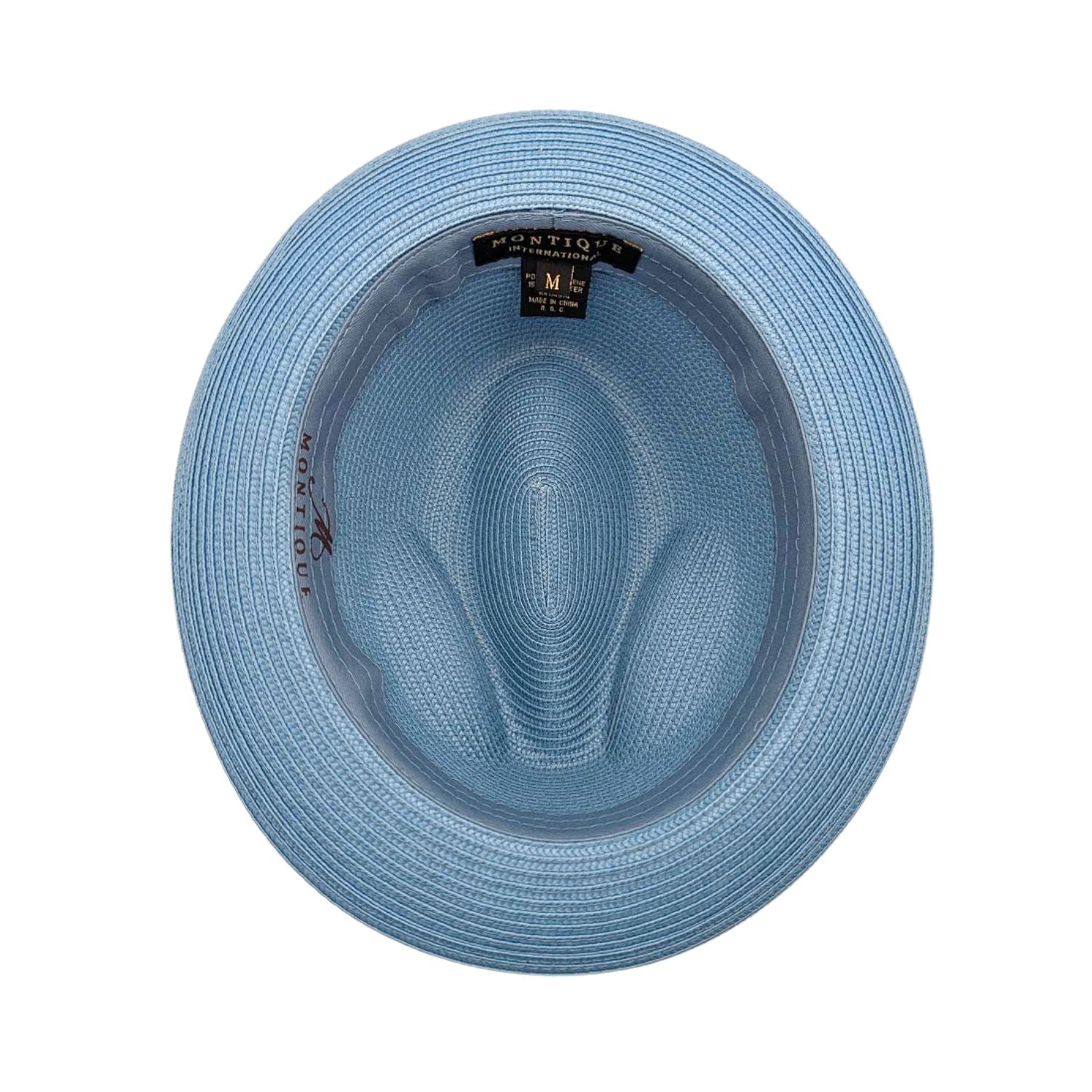 Carolina blue fedora hat interior view with woven straw texture, matching sweatband, and branded size label