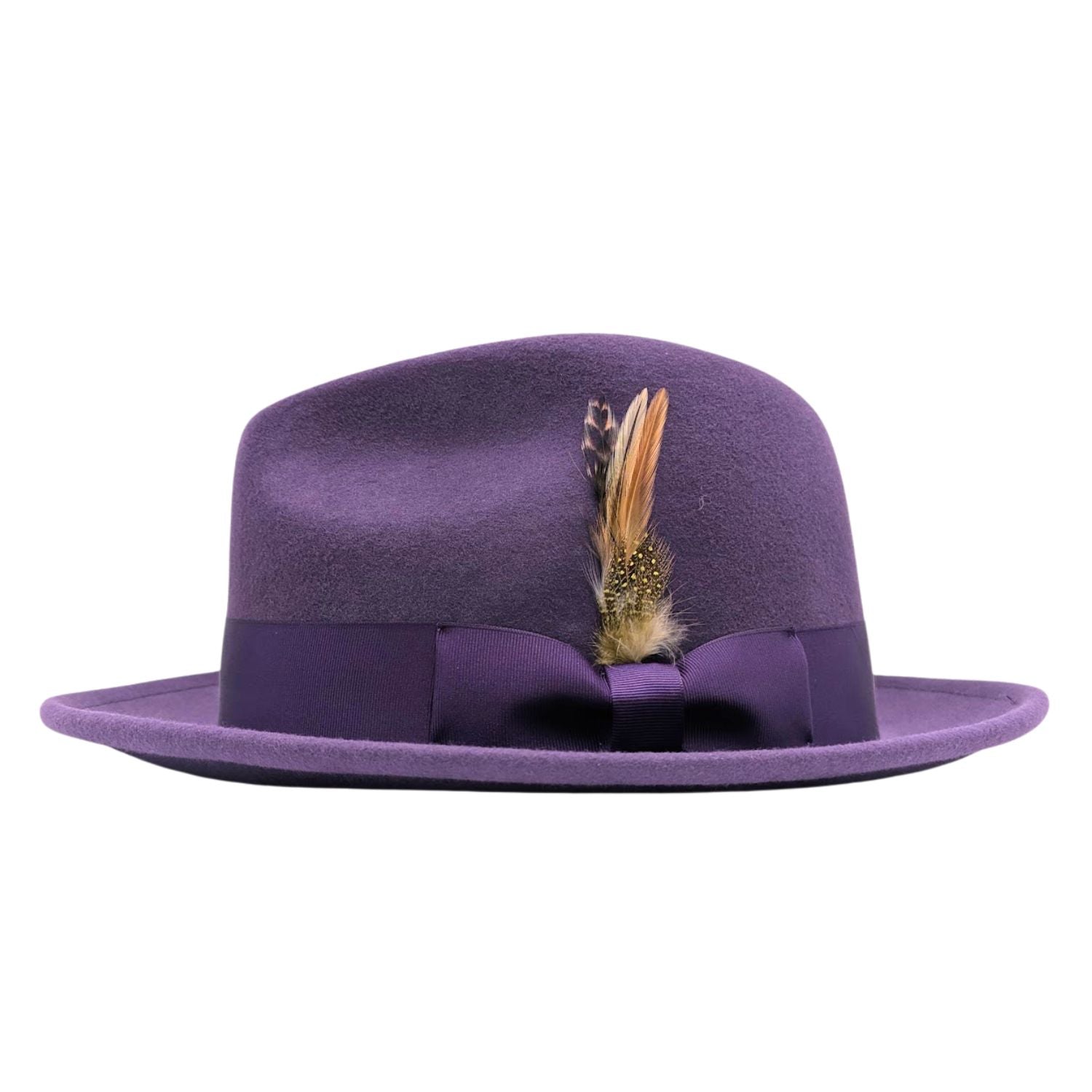 side view of grape wool felt fedora hat showing smooth wool felt crown, matching band, and wide brim