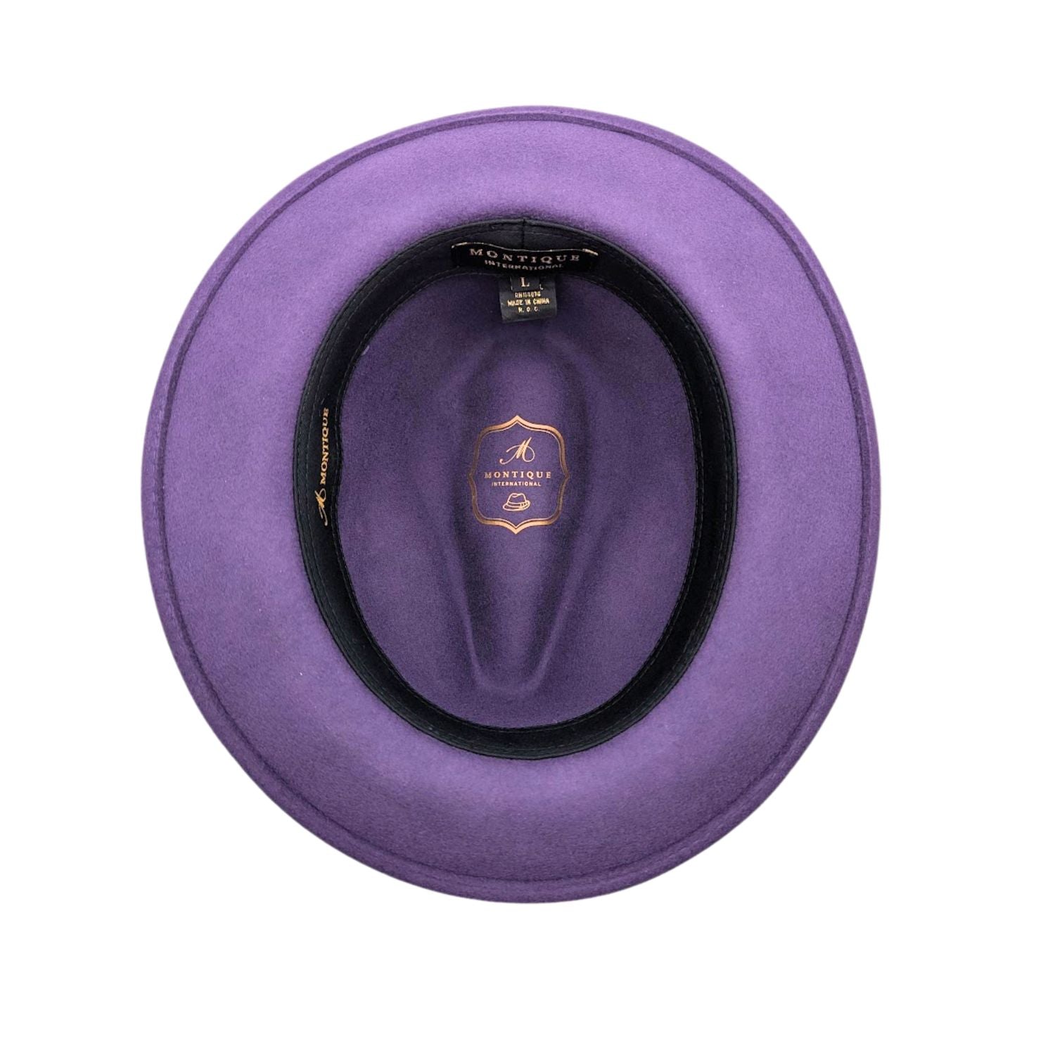Interior view of grape wool felt fedora hat by Montique with black sweatband and printed crown logo