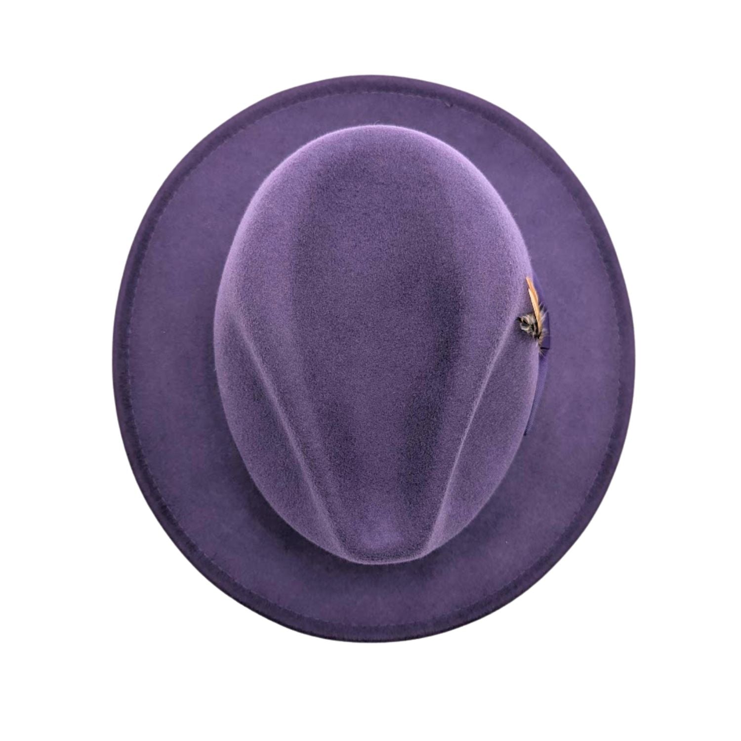 Top view of grape wool felt fedora hat showing pinch crown, wide brim, and side feather detail
