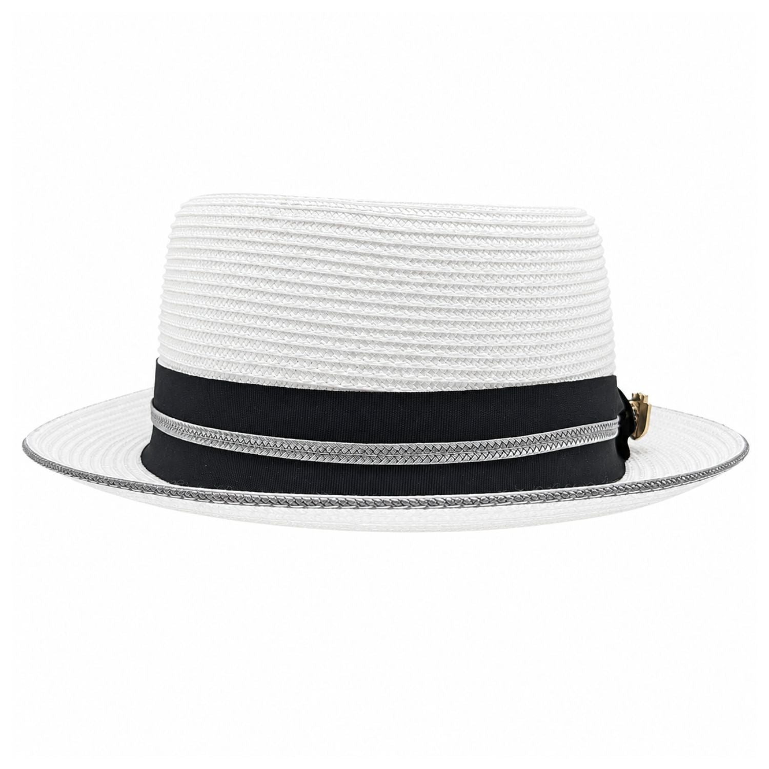 Montique white straw pork pie hat back view with black band and gray trim