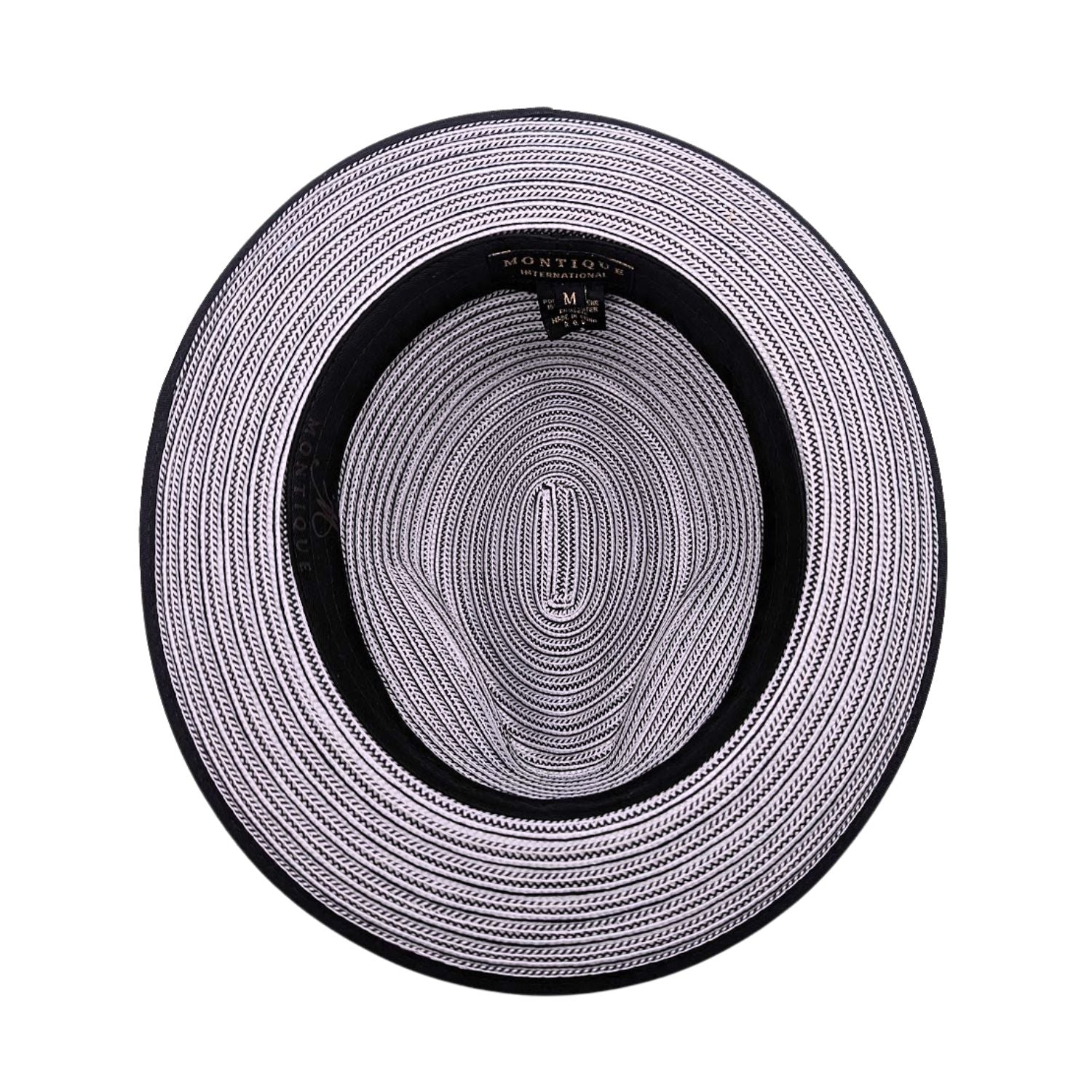Inside view of black and white striped men’s fedora hat showing woven pattern, black sweatband, and Montique label