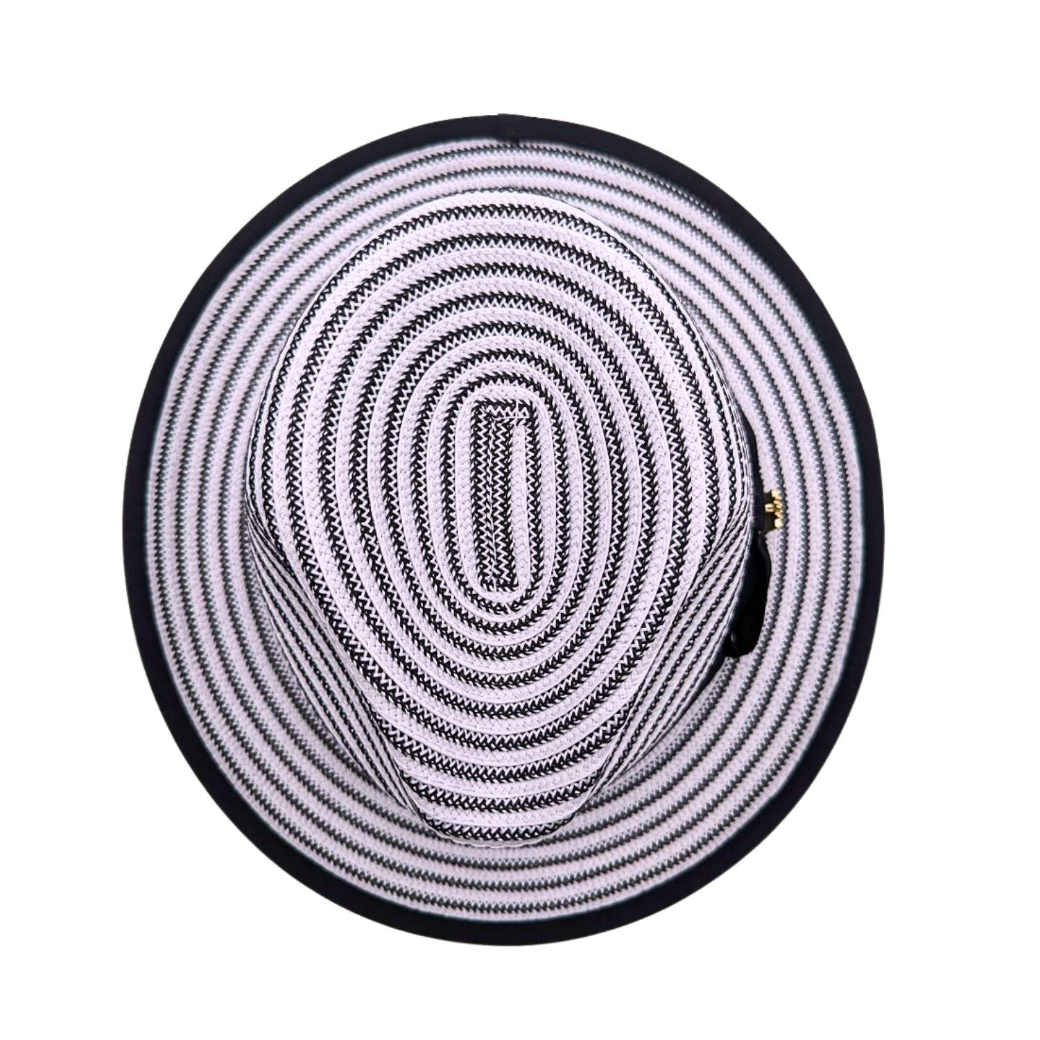 Top view of black and white striped men’s fedora hat with black brim trim and woven crown detail
