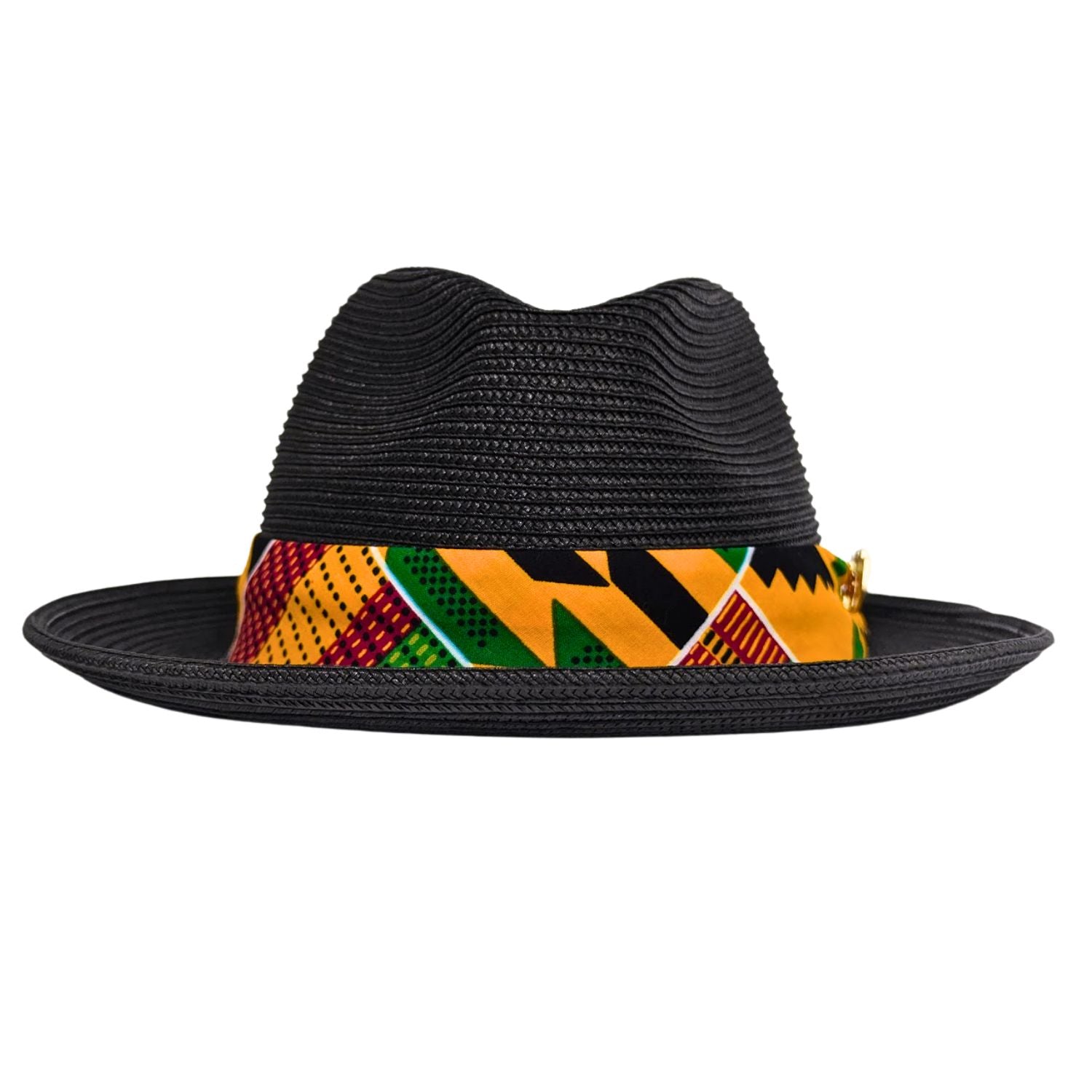 front view of black men’s fedora hat with woven crown, flat brim, and bold multicolor patterned band
