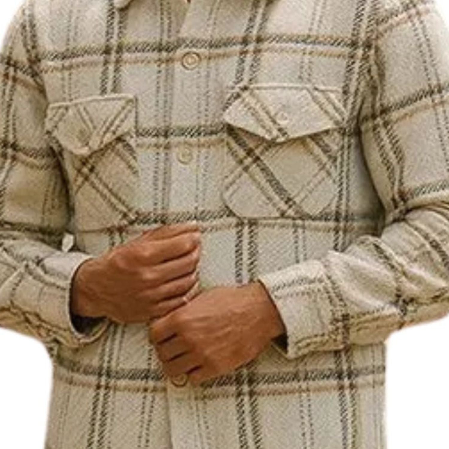 white plaid shacket shirt with chest pockets