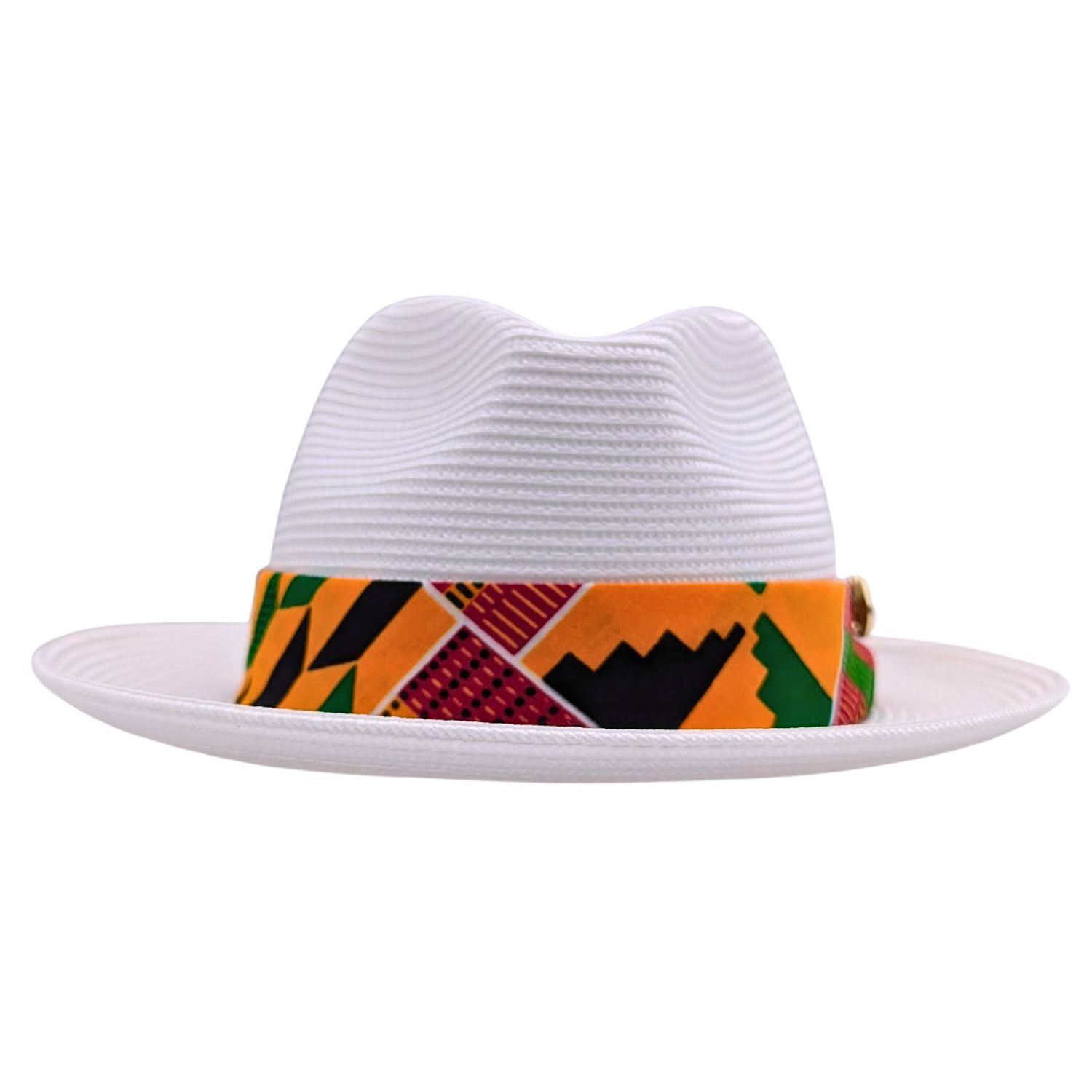 Front view of white men’s fedora hat with colorful African-inspired patterned band and Montique pin