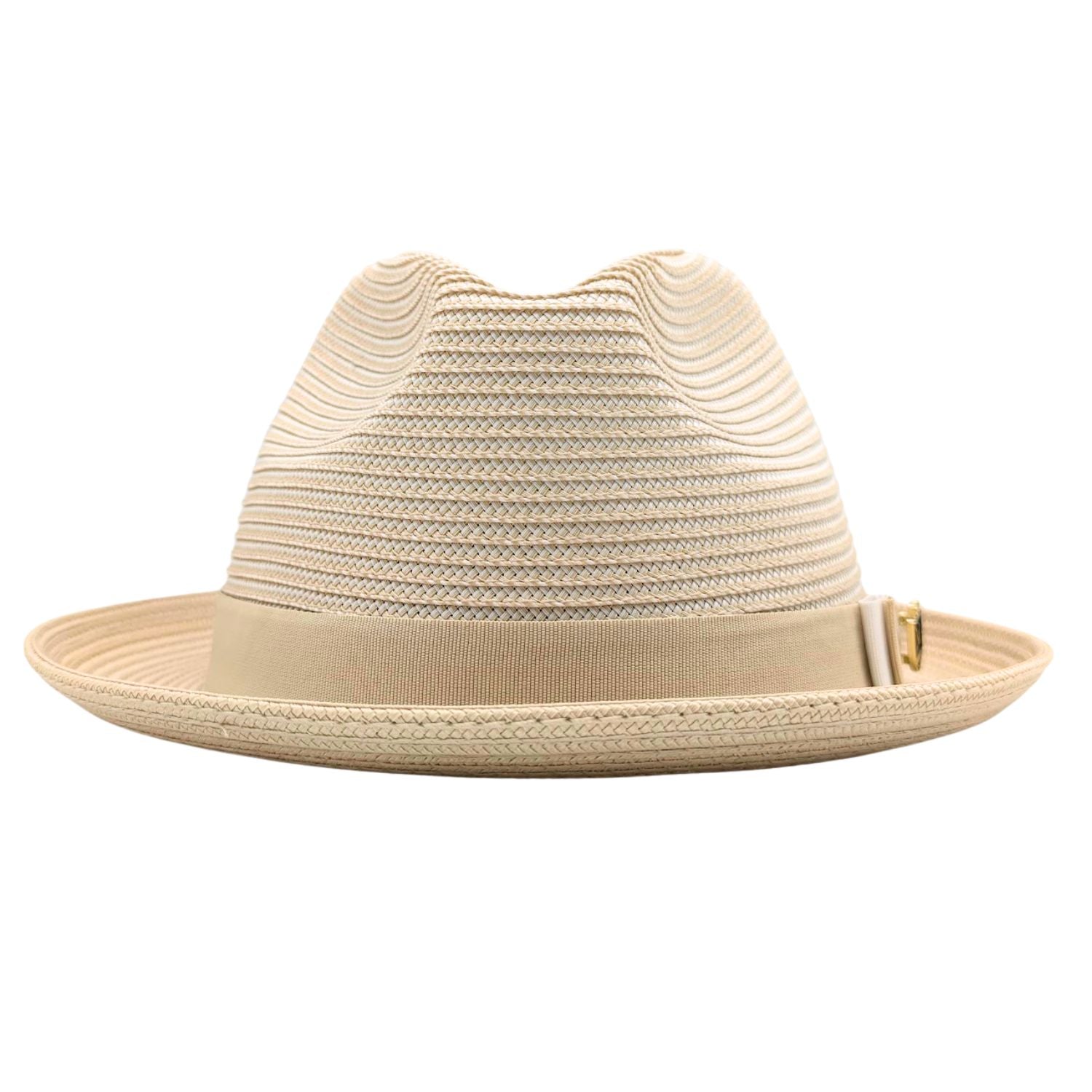 Beige Montique fedora hat front view with matching ribbon band, white bow accent, woven crown, and Montique logo pin