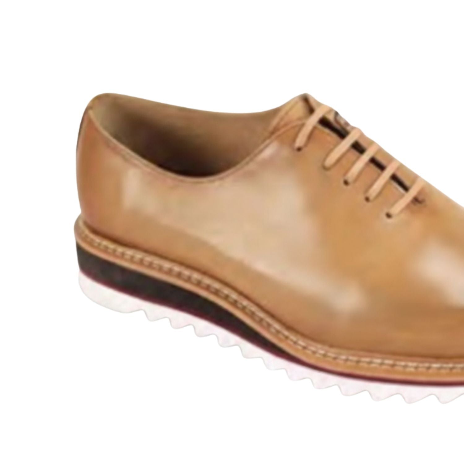close up of latte plain toe lace-up leather dress shoes