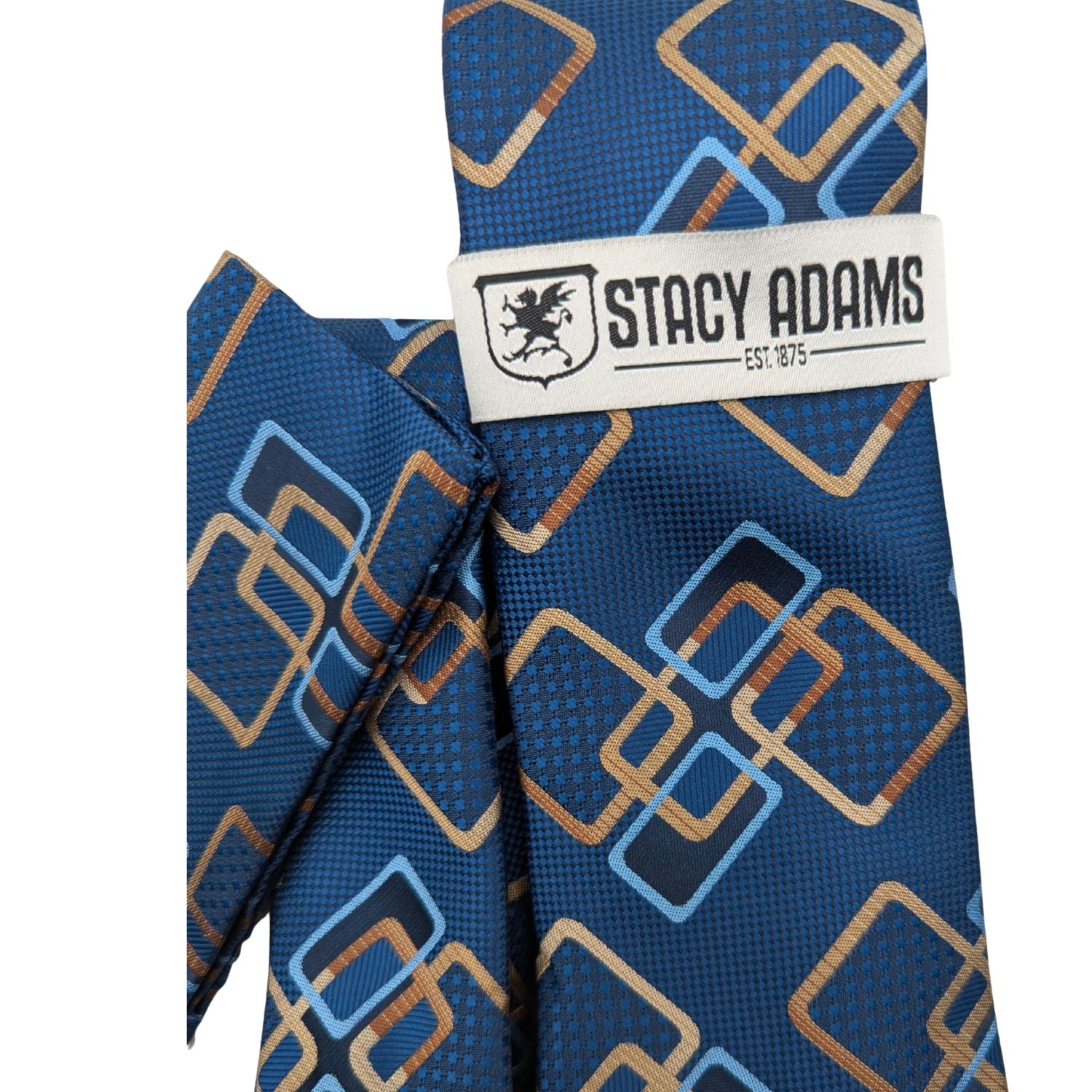 Close-up of the interlocking royal blue and sky blue geometric pattern on the Stacy Adams woven microfiber tie