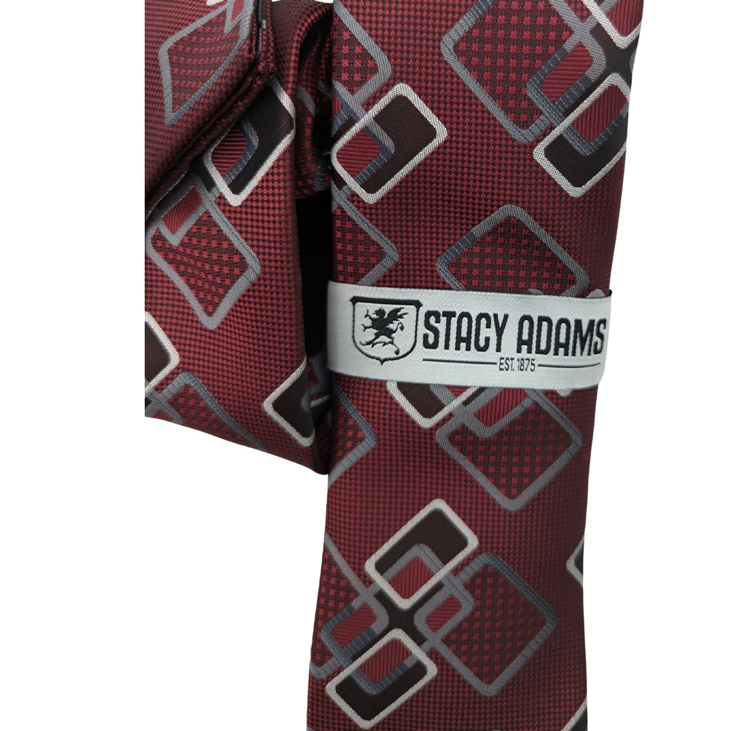Close-up of the interlocking burgundy and charcoal geometric pattern on the Stacy Adams woven microfiber tie