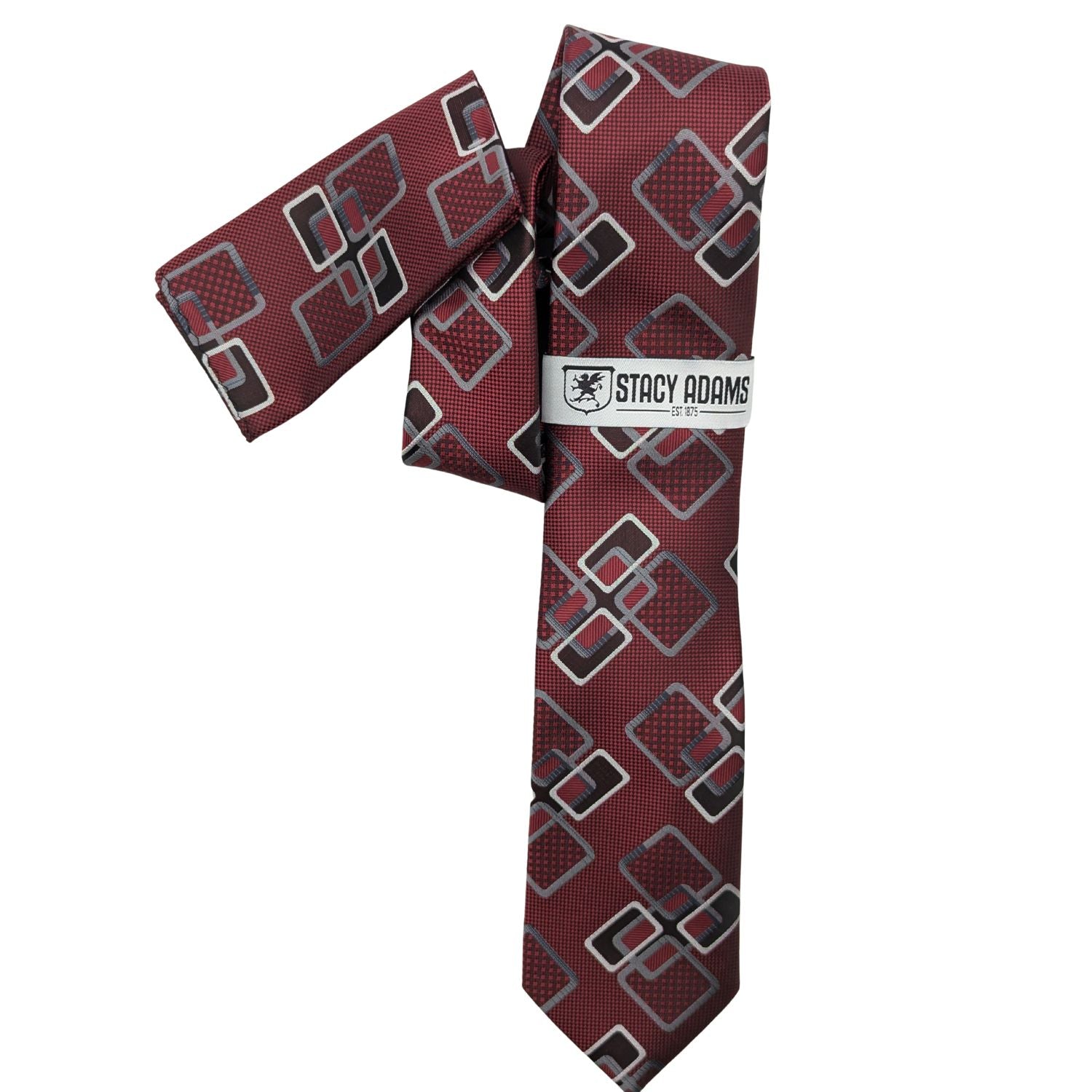 Stacy Adams Burgundy and Charcoal Geometric Tie and matching Pocket Square Set front view