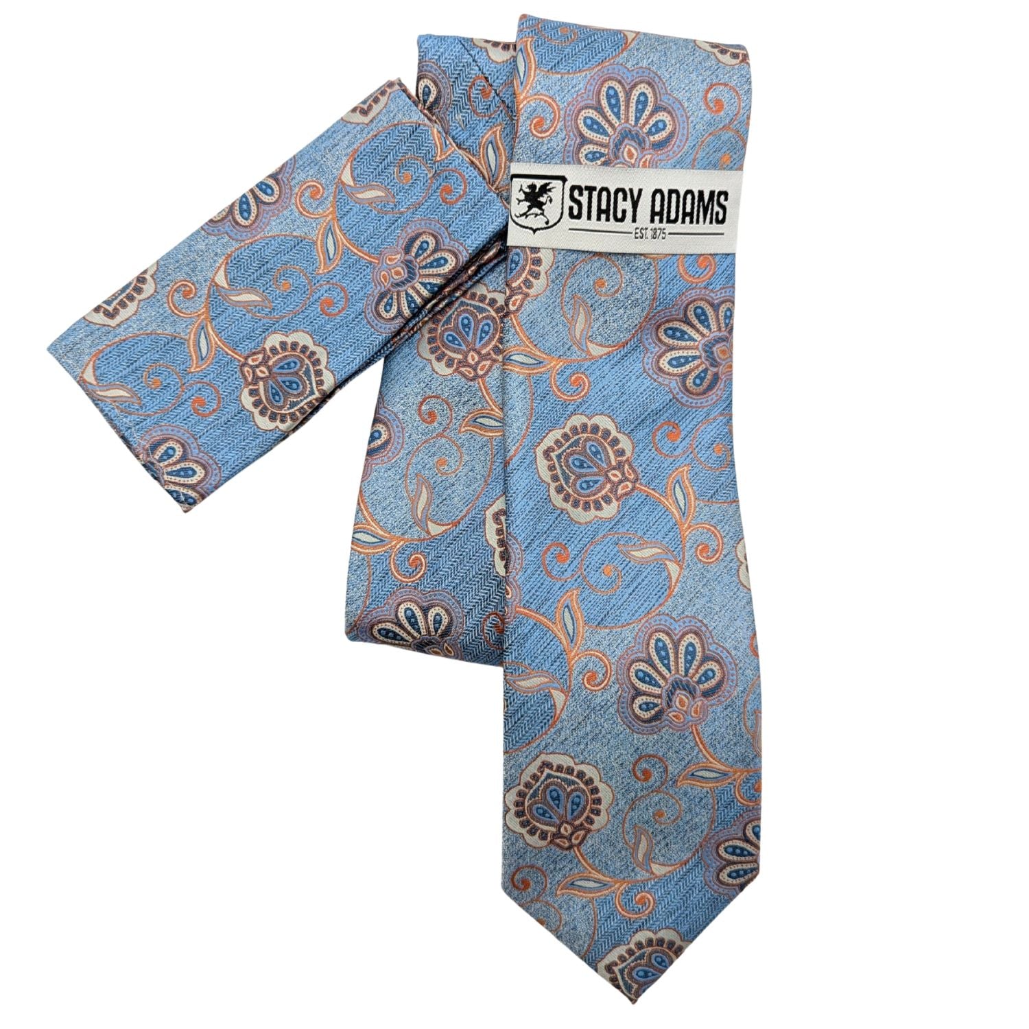 Stacy Adams Dusty Blue and Orange Floral Tie and matching Pocket Square Set front view.
