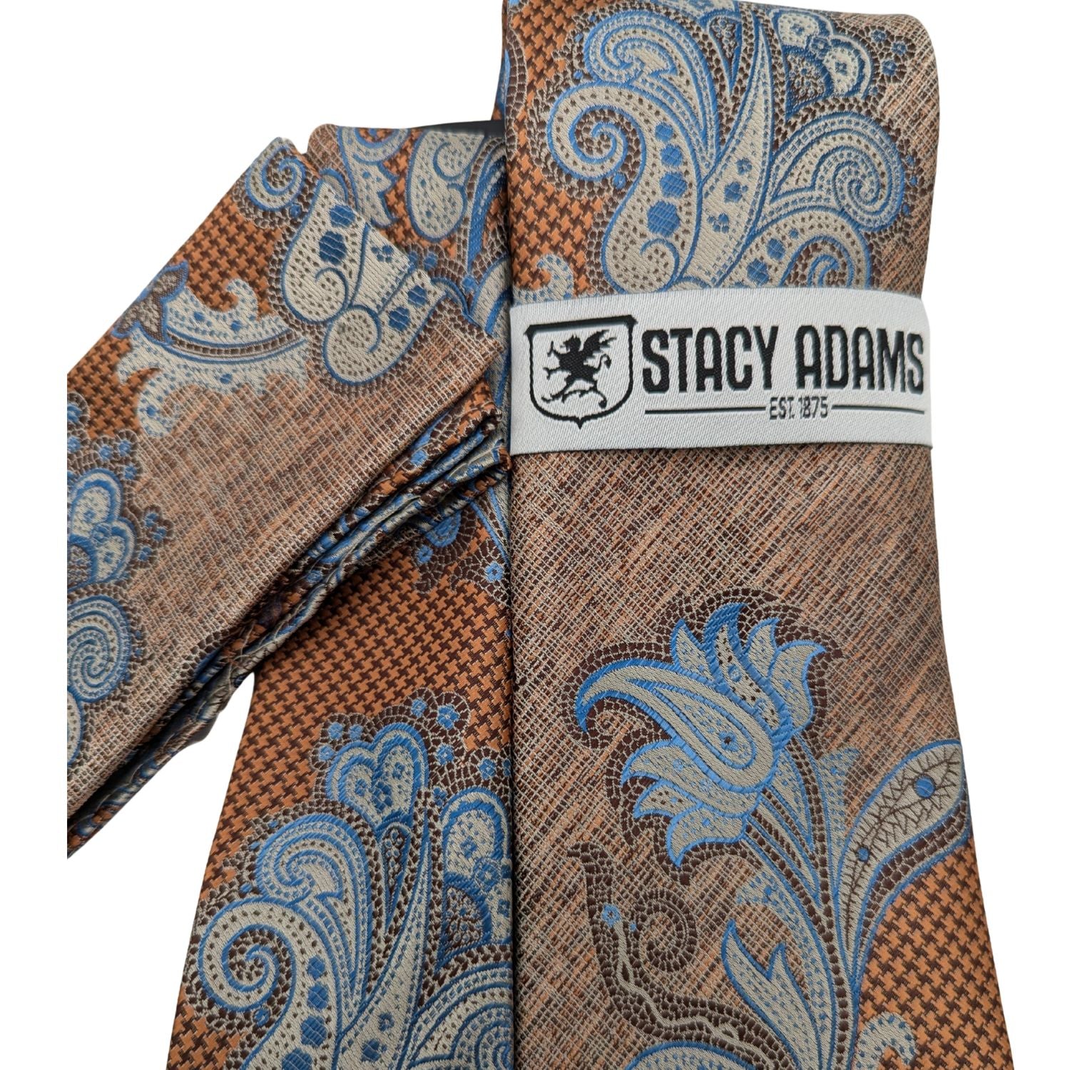 Close-up of the textured royal blue cross-hatch weave and bronze paisley pattern on the Stacy Adams microfiber tie.