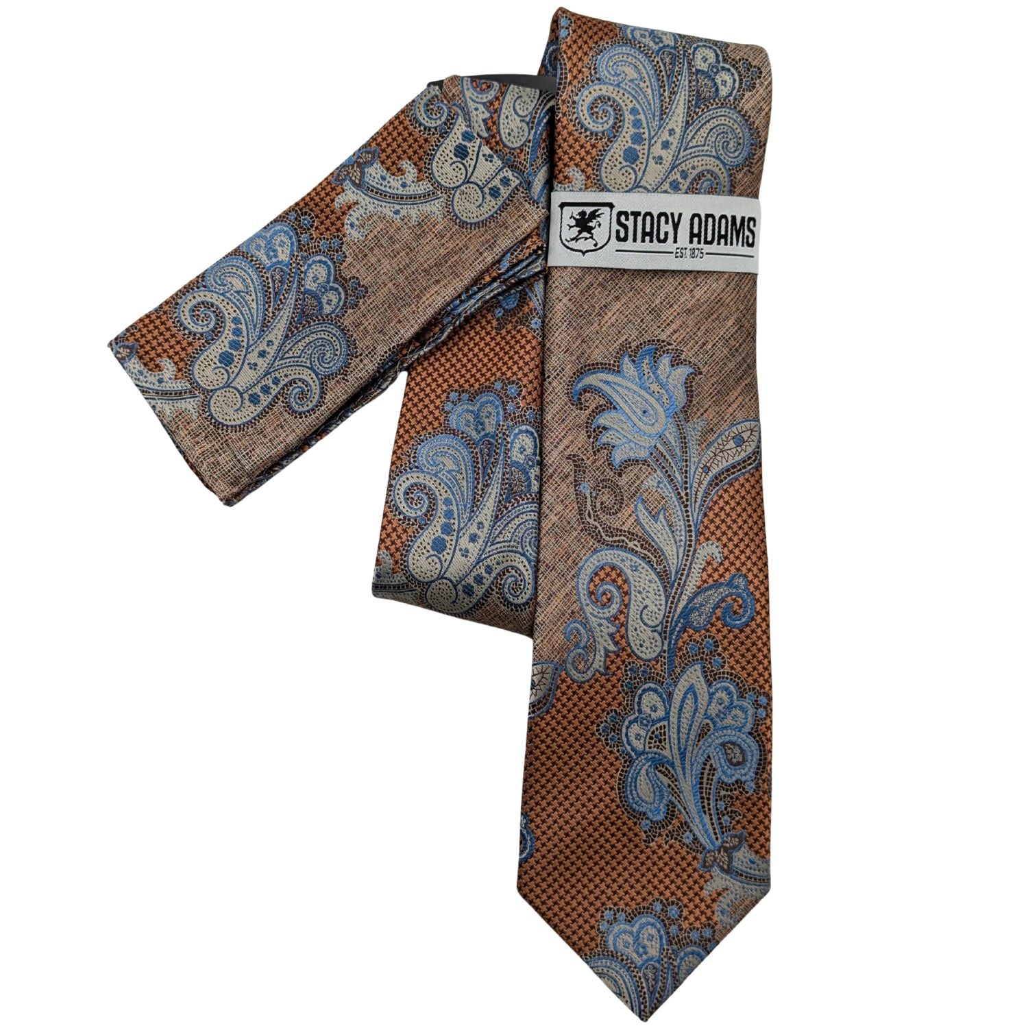 Stacy Adams Royal Blue and Bronze Paisley Tie and matching Pocket Square Set front view.