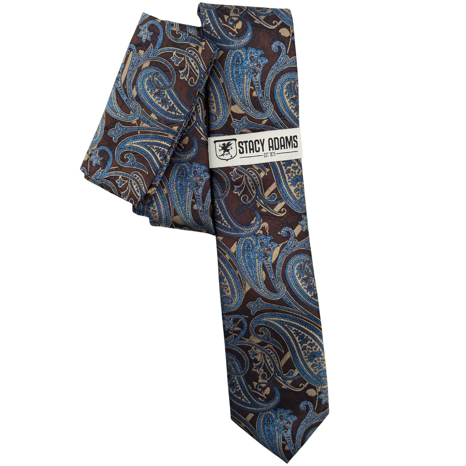 Stacy Adams Chocolate/French Blue Paisley Tie and matching Pocket Square Set front view.