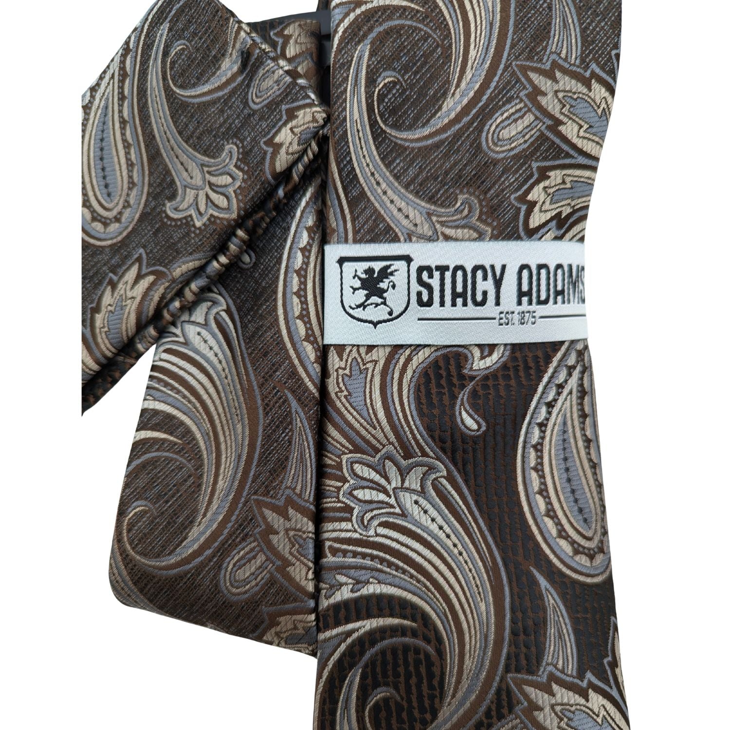 Close-up of the layered espresso, taupe, and geometric "Cipher" pattern from the Stacy Adams collection.