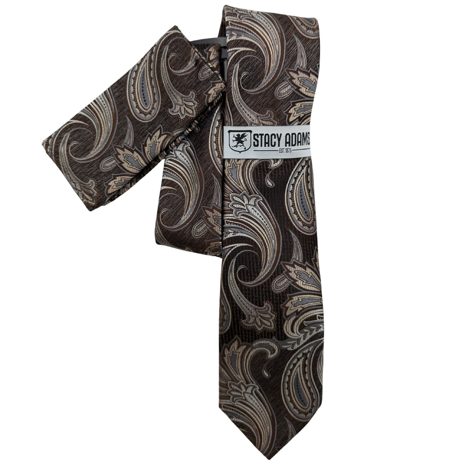 Stacy Adams Espresso and Metallic Taupe Paisley Tie and matching Pocket Square Set front view.