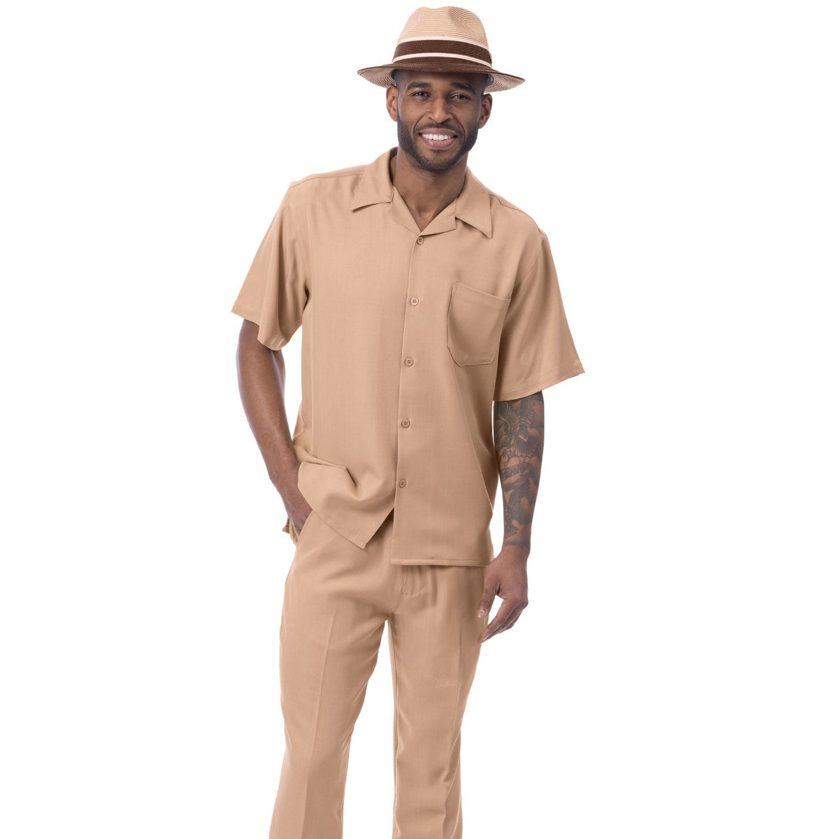 Beige solid 100% polyester men's walking suit short sleeve 2-piece set with matching hat and shoes.