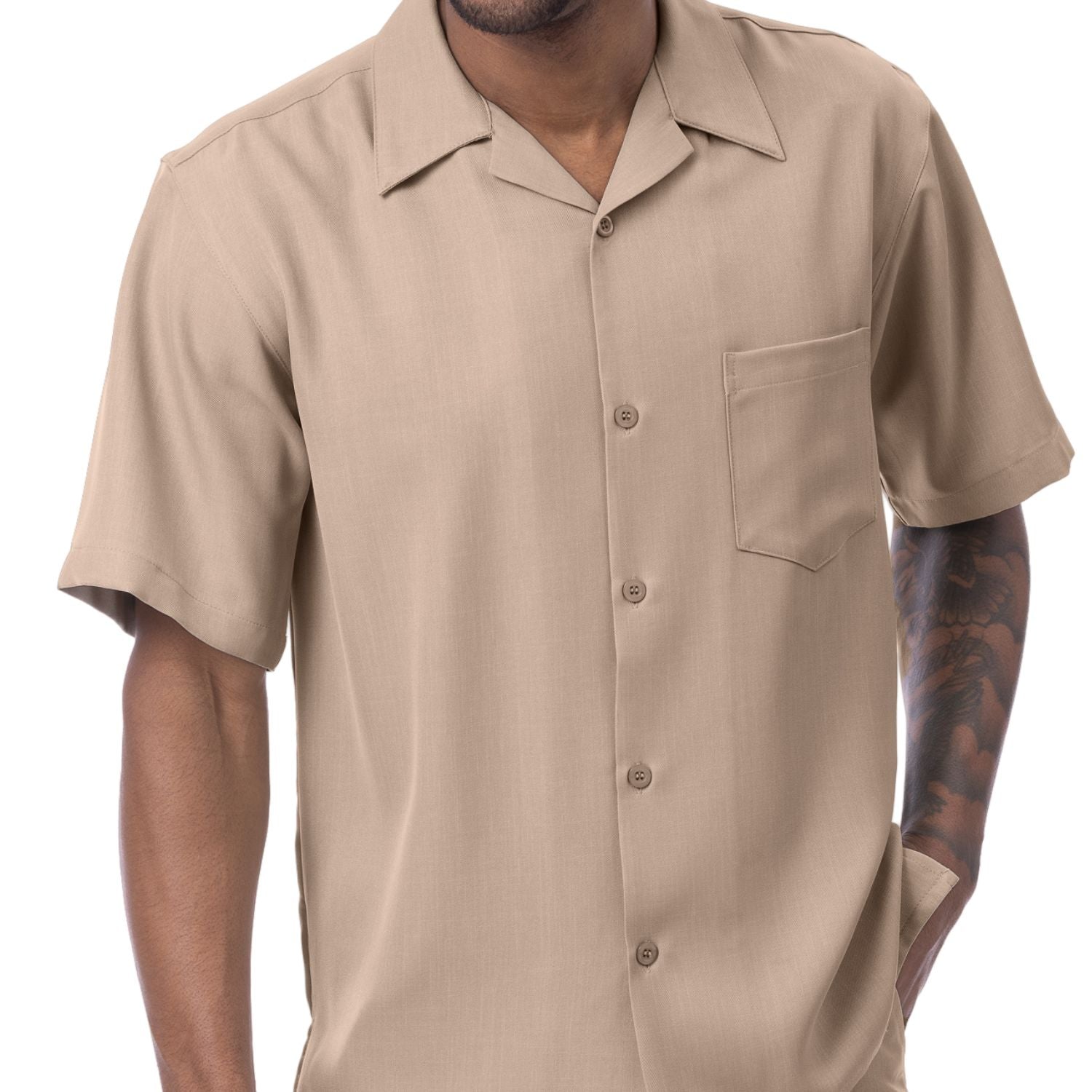Front view of the khaki solid short sleeve men's walking suit shirt.