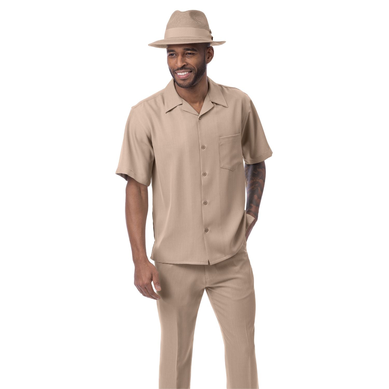 Khaki solid 100% polyester men's walking suit short sleeve 2-piece set with matching hat and shoes.