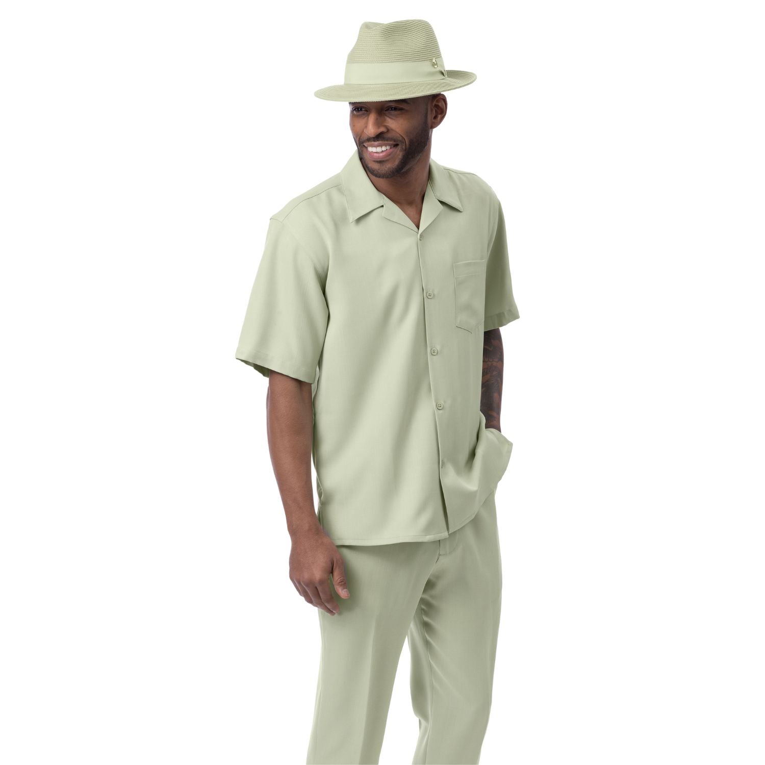Mint solid 100% polyester men's walking suit short sleeve 2-piece set with matching hat and shoes.