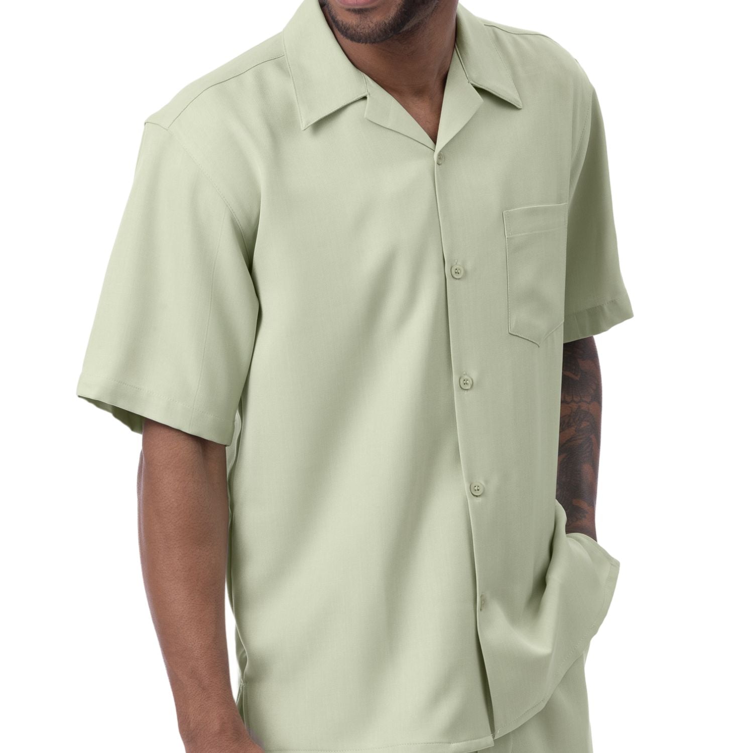 Front view of the mint solid short sleeve men's walking suit shirt.