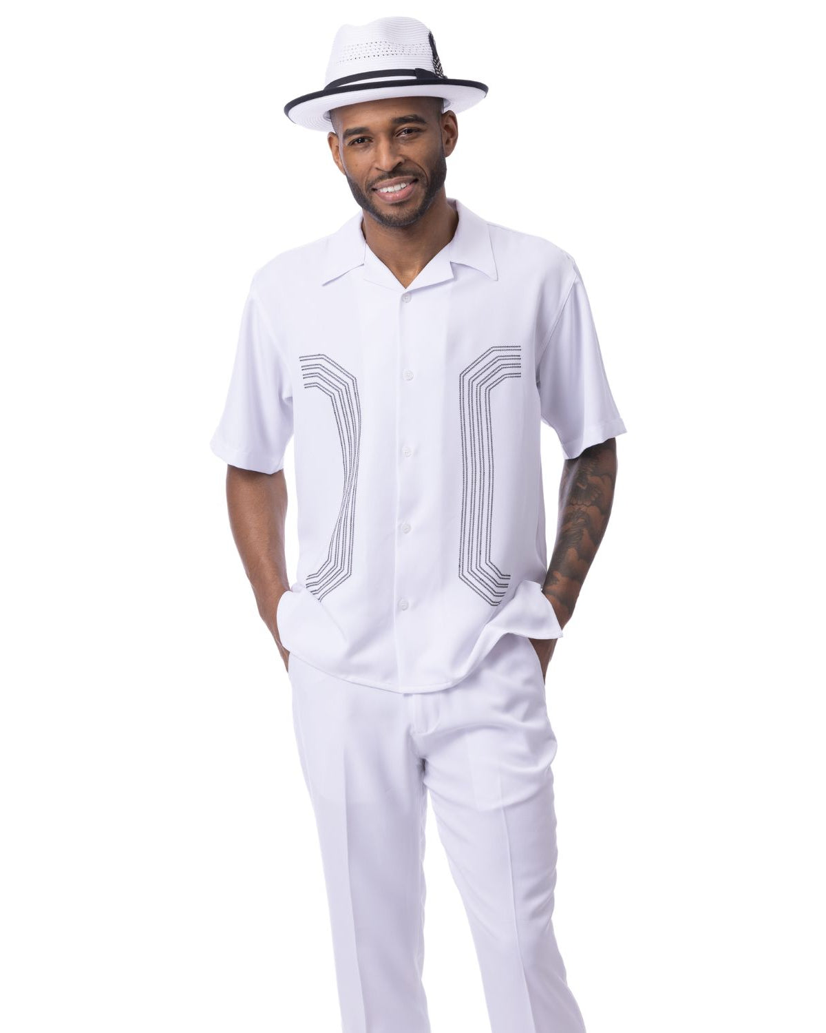 Men’s white 2 piece walking suit with embroidered panel shirt