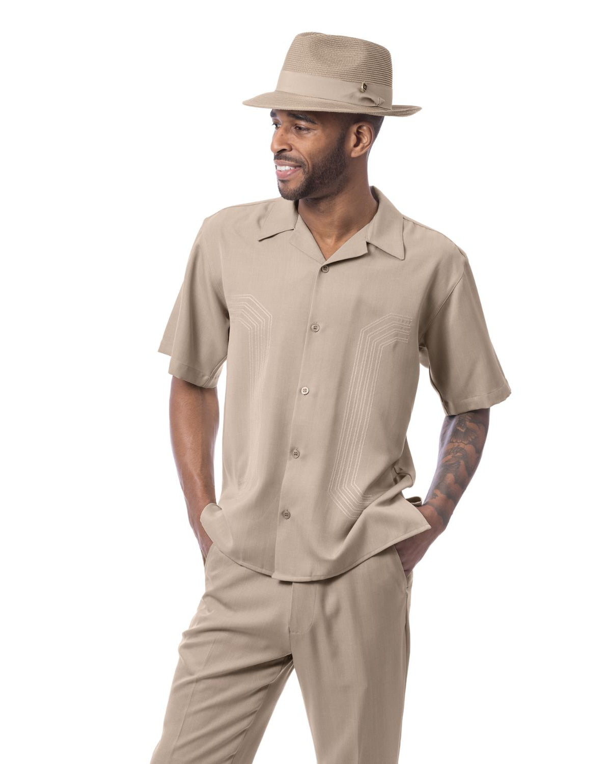 Men’s khaki 2 piece walking suit with embroidered panel shirt