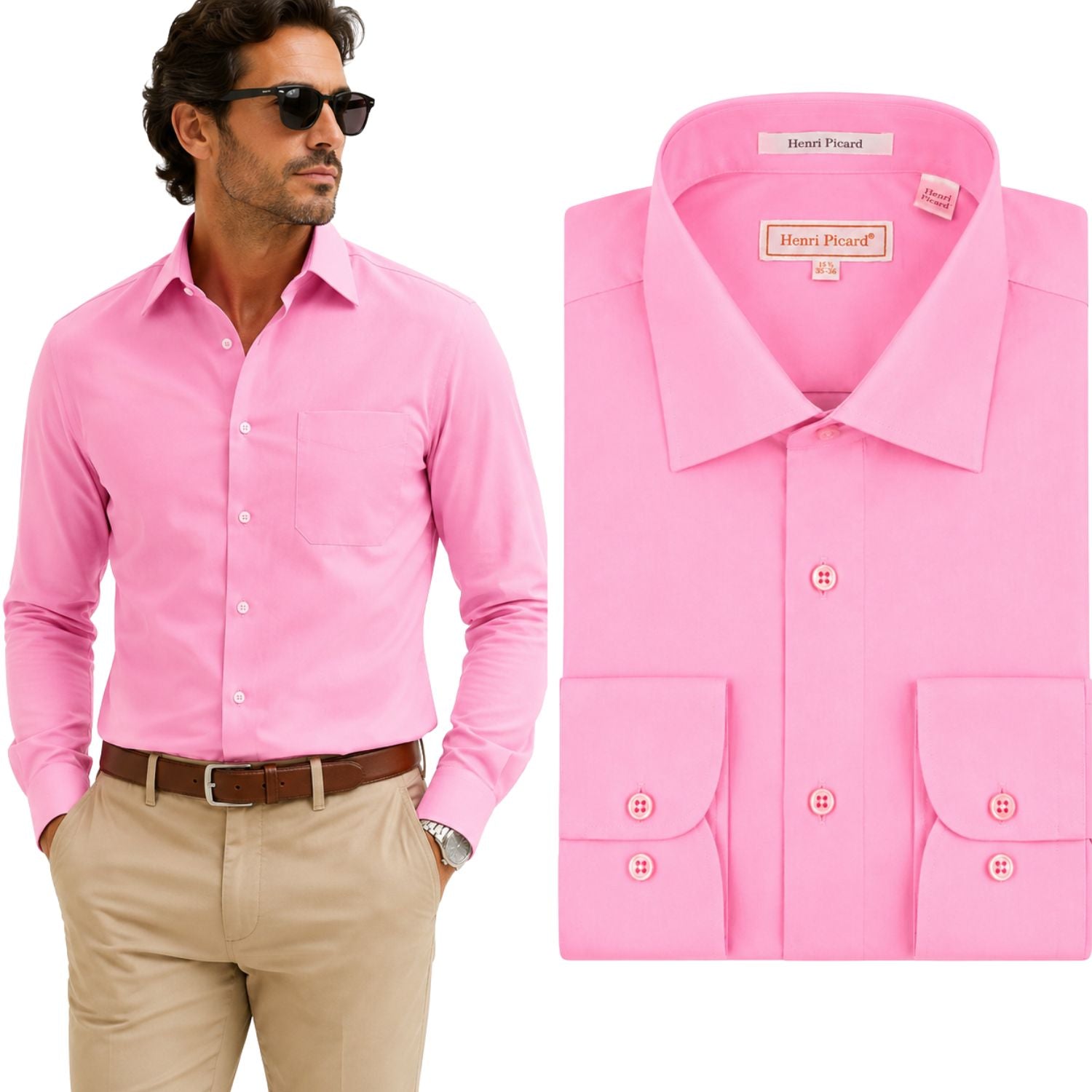pink long sleeve button up shirt front view
